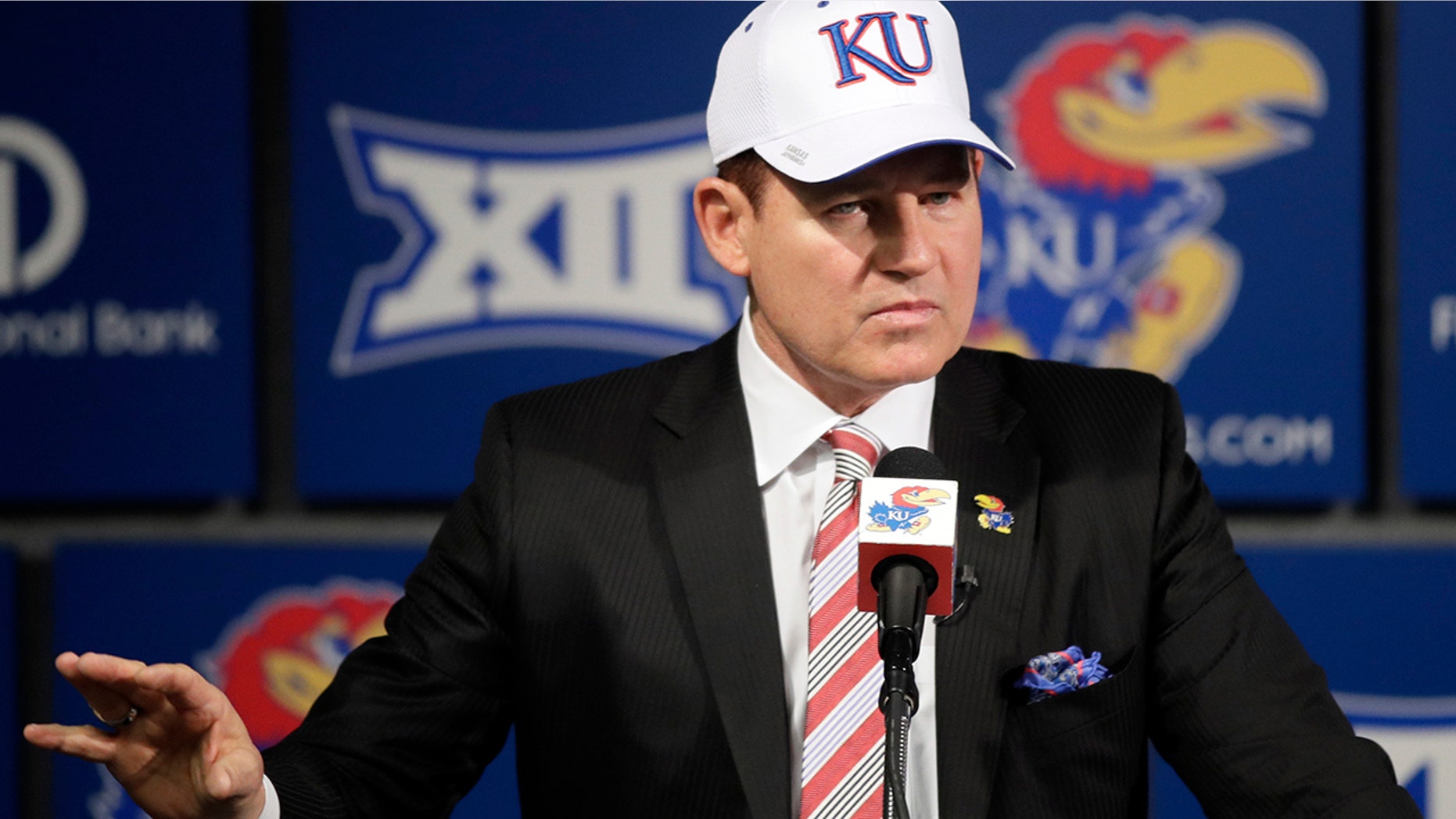 The University of Kansas' new football coach, Les Miles, makes a statement during a news conference in Lawrence, Kan., Sunday, Nov. 18, 2018.
