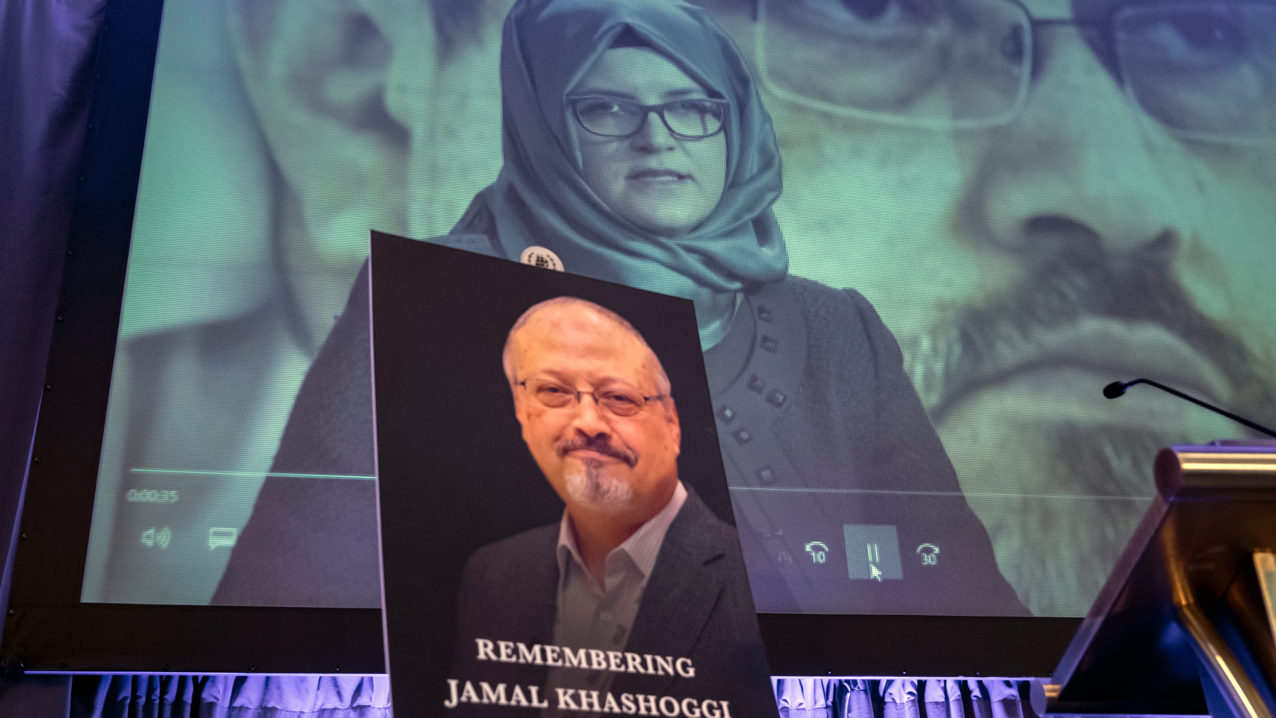 A video image of Hatice Cengiz, fiancee of slain Saudi journalist Jamal Khashoggi, is played during an event to remember Khashoggi, a columnist for The Washington Post who was killed inside the Saudi Consulate in Istanbul on Oct. 2, in Washington, Friday, Nov. 2, 2018. (AP Photo/J. Scott Applewhite)