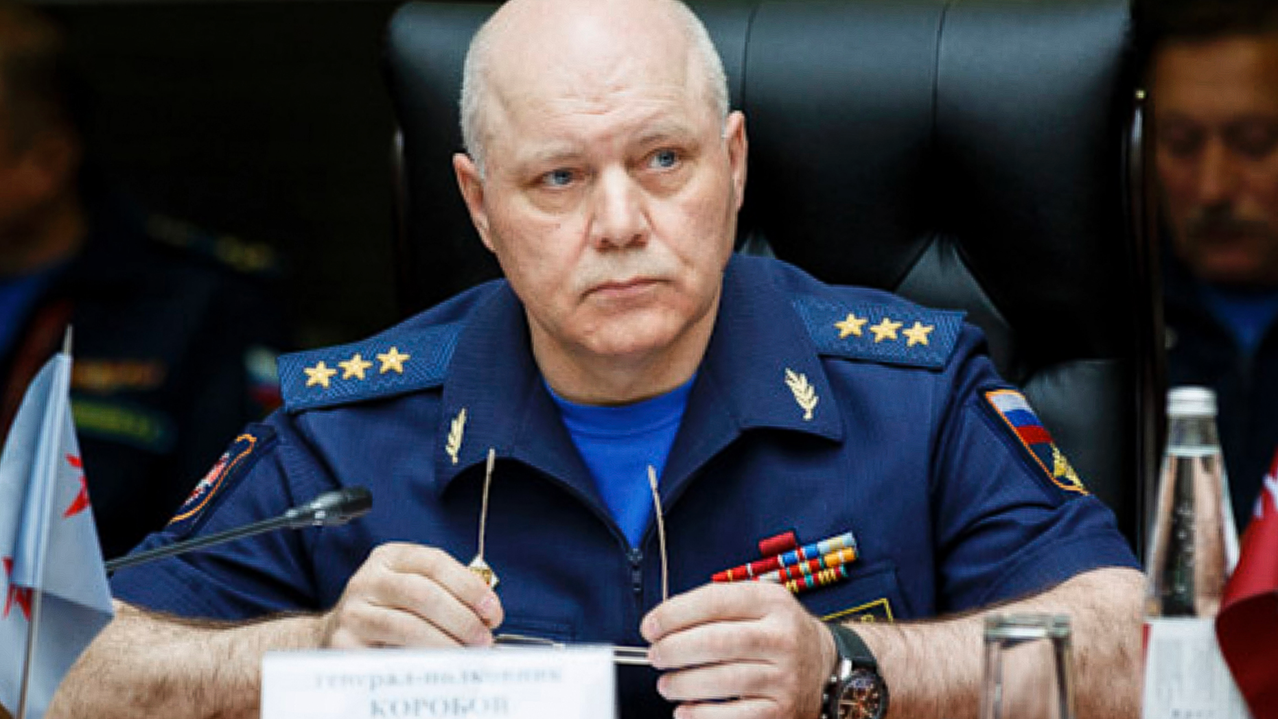 In this Aug. 25, 2017, photo, Gen. Col. Igor Korobov, the head of the Main Directorate of the General Staff of the Russian Armed Forces, speaks during a news conference in the Russian Defense Ministry's headquarters in Moscow, Russia. The head of the Russian military intelligence agency GRU which has been accused of meddling in the U.S. elections has died in Moscow. He was 62. The Defense Ministry said Thursday, Nov. 22, 2018, in a statement that Korobov, who led the GRU since 2016, died Wednesday of "a lengthy and grave illness," a usual Russian euphemism for cancer. (Russian Defense Ministry Press Service via AP)