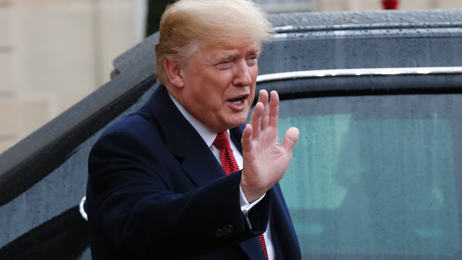 U.S President Donald Trump outside the Elysee Palace in Paris, Saturday, Nov.10, 2018. (AP Photo/Thibault Camus)