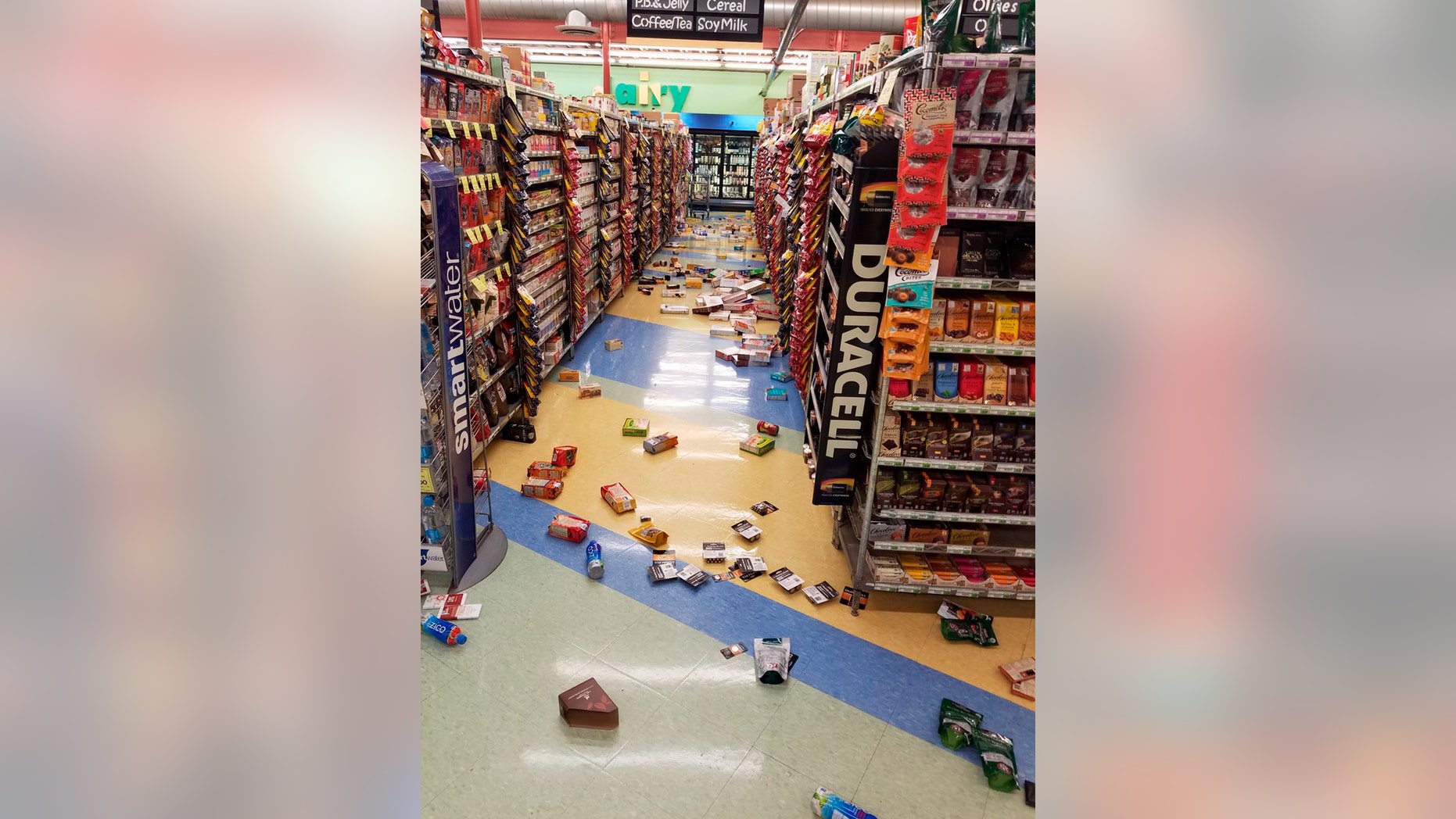 This photo provided by David Harper shows merchandise that fell off the shelves during an earthquake at a store in Anchorage, Alaska, on Friday, Nov. 30, 2018. Back-to-back earthquakes measuring 7.0 and 5.8 rocked buildings and buckled roads Friday morning in Anchorage, prompting people to run from their offices or seek shelter under office desks, while a tsunami warning had authorities urging people to seek higher ground. (David Harper via AP)