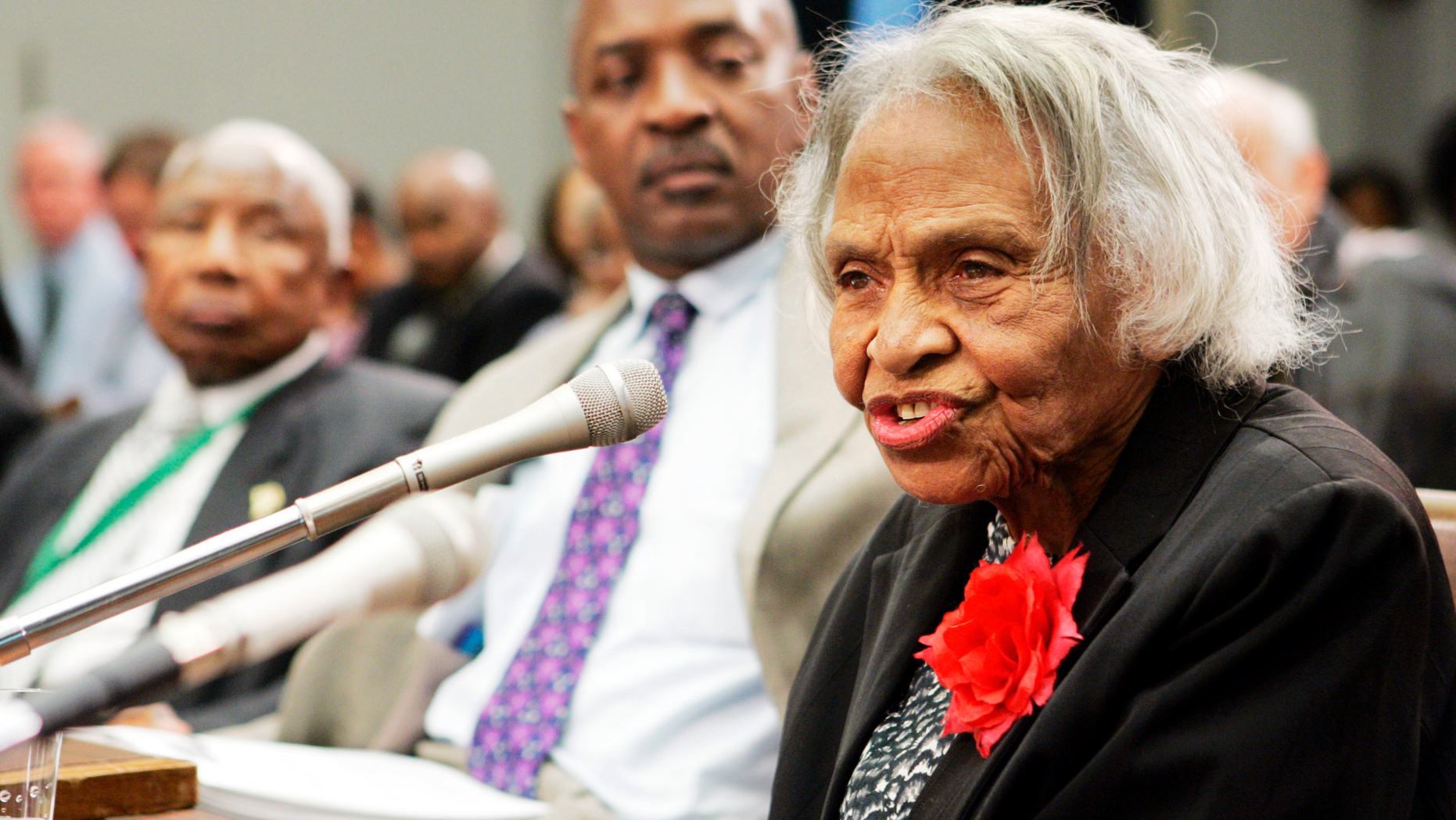 FILE- In this May 10, 2005, file photo survivor of the 1921 Tulsa race riots, Dr. Olivia Hooker, 90, gives her personal account of the of the historic race riot at a briefing before members of the Congressional Black Caucus and other leaders on Capitol Hill in Washington. Hooker, one of the last survivors of the race riot, one of the worst race riots in U.S. history, has died at age 103. (AP Photo/Manuel Balce Ceneta, File)