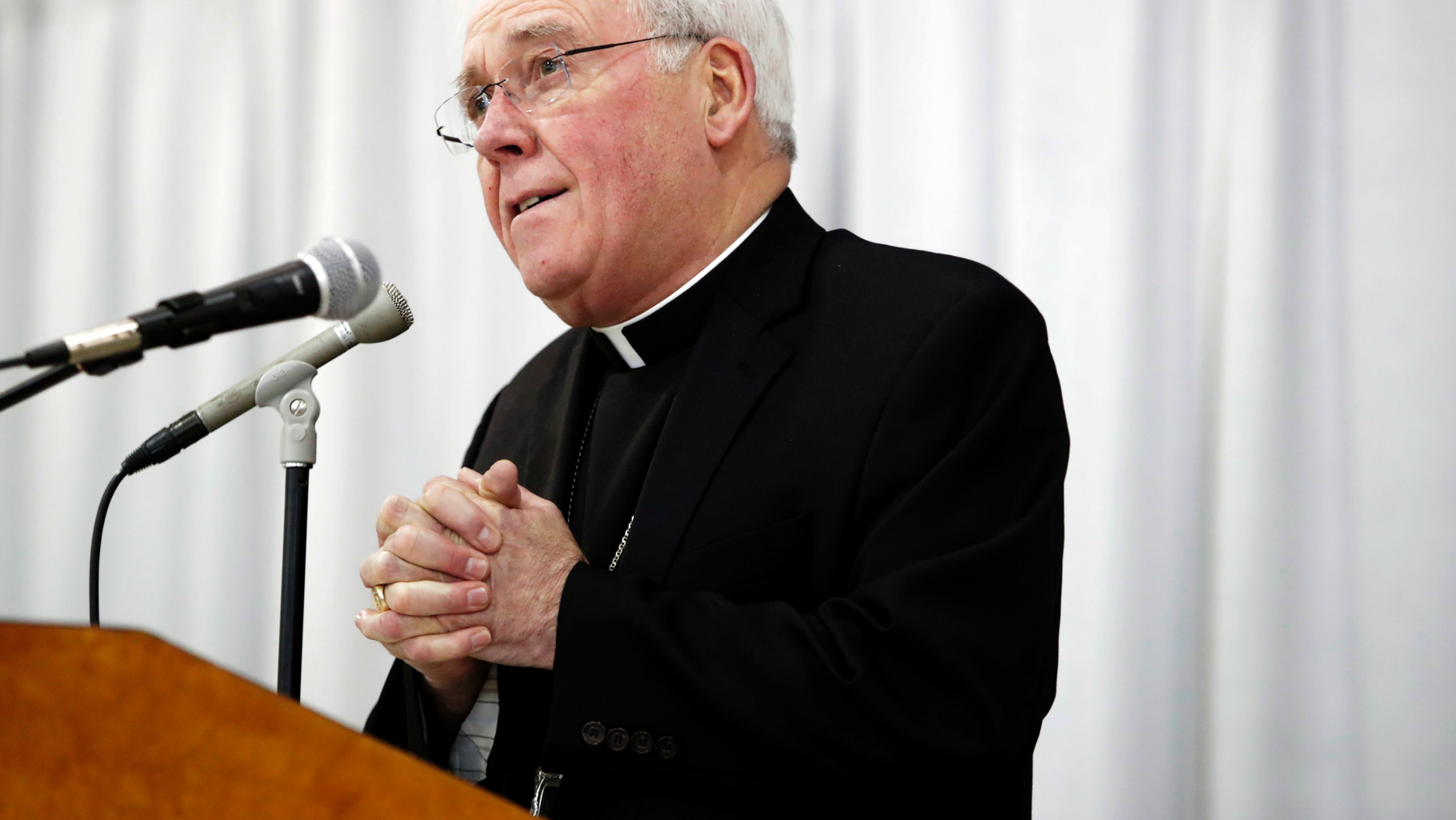 Bishop Richard Malone, Bishop of Buffalo, speaks during a news conference Monday, Nov. 5, 2018, in Cheektowaga, N.Y. Malone has resisted calls to step down amid reports that he left accused priests in ministry and excluded others from a list of problematic priests released to the public in March. (AP Photo/Frank Franklin II)