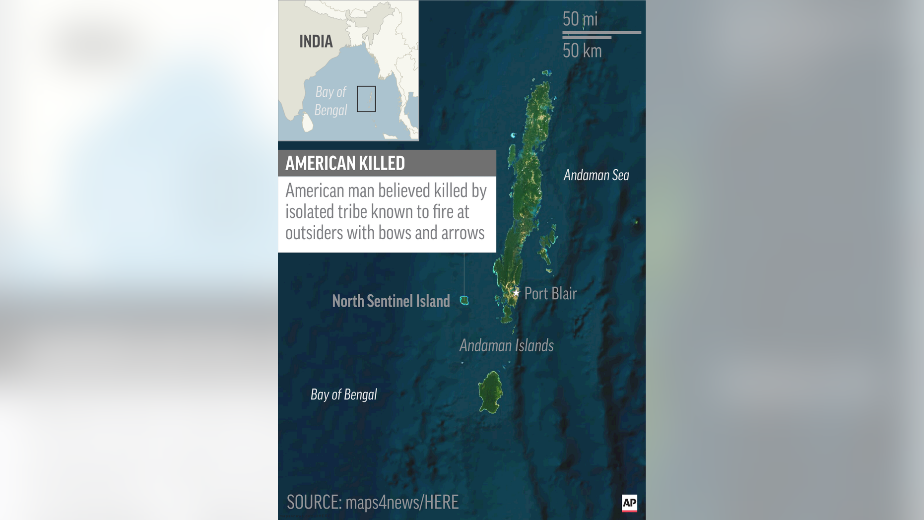 Map locates North Sentinel Island, India, where an American was believed killed by isolated tribe; 1c x 2 1/2 inches; 46.5 mm x 63 mm;