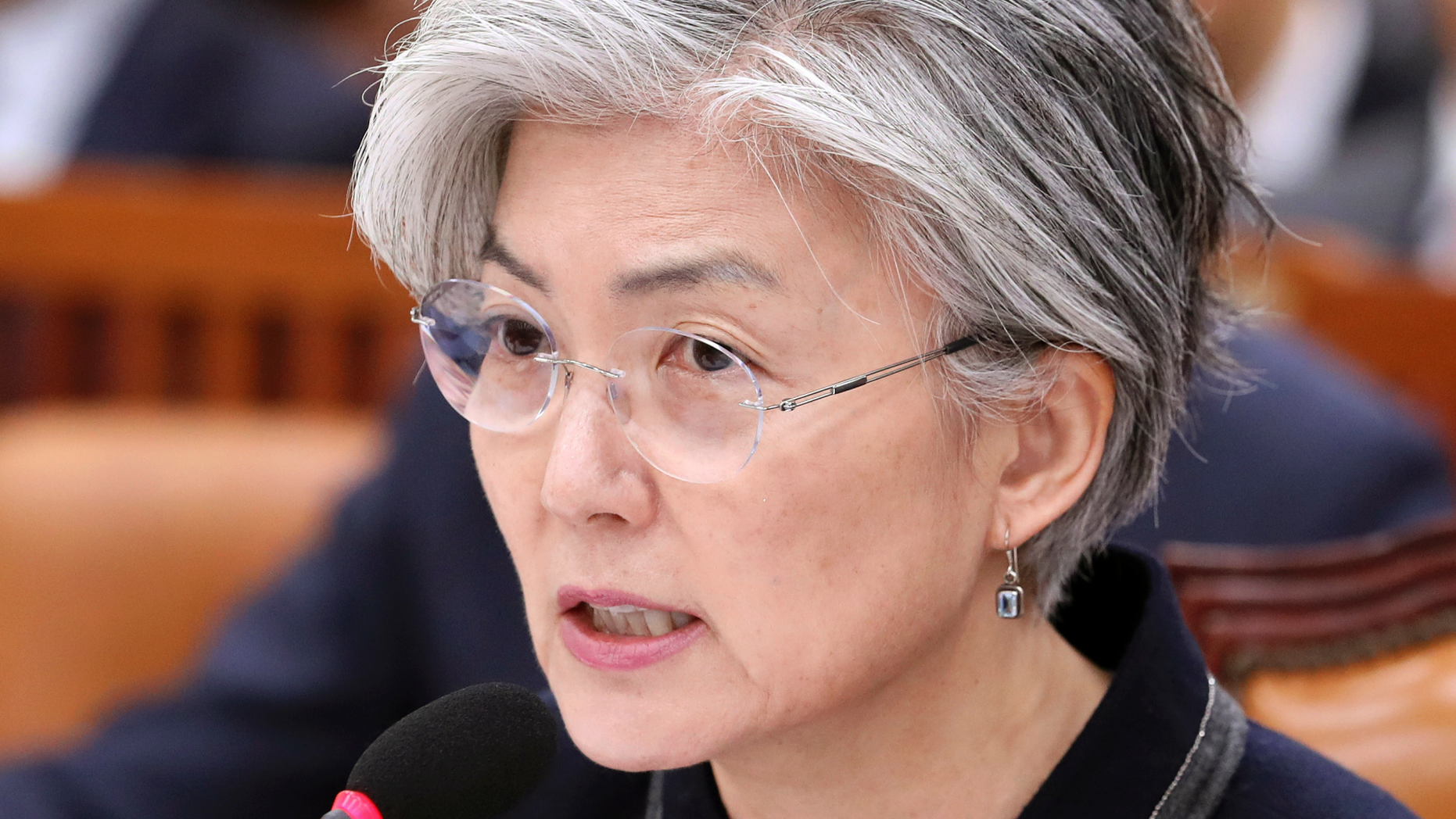 South Korean Foreign Minister Kang Kyung-wha answers a lawmaker's question at the National Assembly in Seoul, South Korea, Thursday, Nov. 8, 2018. Kang quoted U.S. officials as saying that it was North Korea that canceled a meeting this week between U.S. Secretary of State Mike Pompeo and a senior North Korean official on nuclear issues. (Kim Ju-hyung/Yonhap via AP)