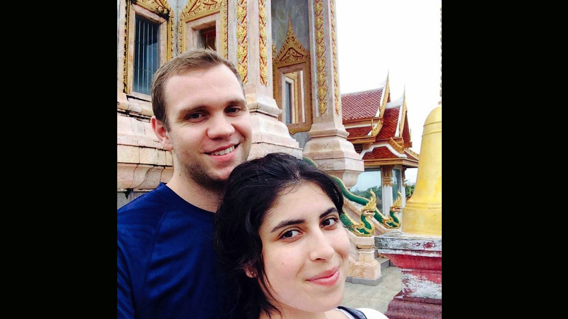 FILE - In this undated family photo, showing Matthew Hedges with his wife Daniela Tejada. The 31-year-old British academic Matthew Hedges was arrested May 5, 2018, at Dubai Airport and subsequently convicted and sentenced to life in prison for espionage. The United Arab Emirates Ambassador in London Sulaiman Hamid Almazroui said Friday Nov. 23, 2018, that his government is studying whether to grant clemency to Hedges. (Daniela Tejada via AP, FILE)