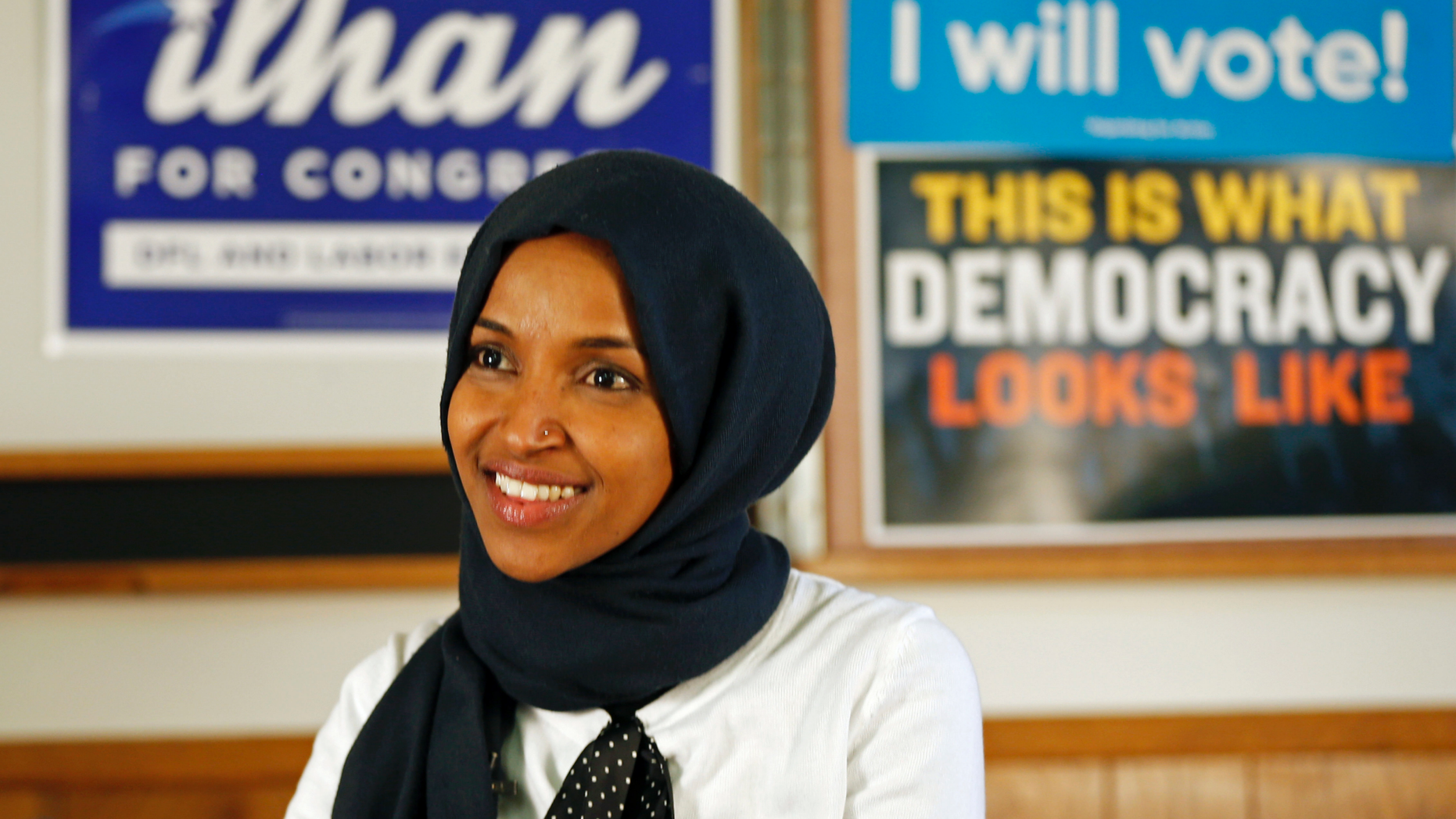 Democrat Ilhan Omar is interviewed by The Associated Press Wednesday, Nov. 7, 2018, in Minneapolis after winning Minnesota's 5th Congressional District race in Tuesday's election. She will be the first Somali American to serve in Congress and one of the first two Muslim women to serve in Congress. (AP Photo/Jim Mone)