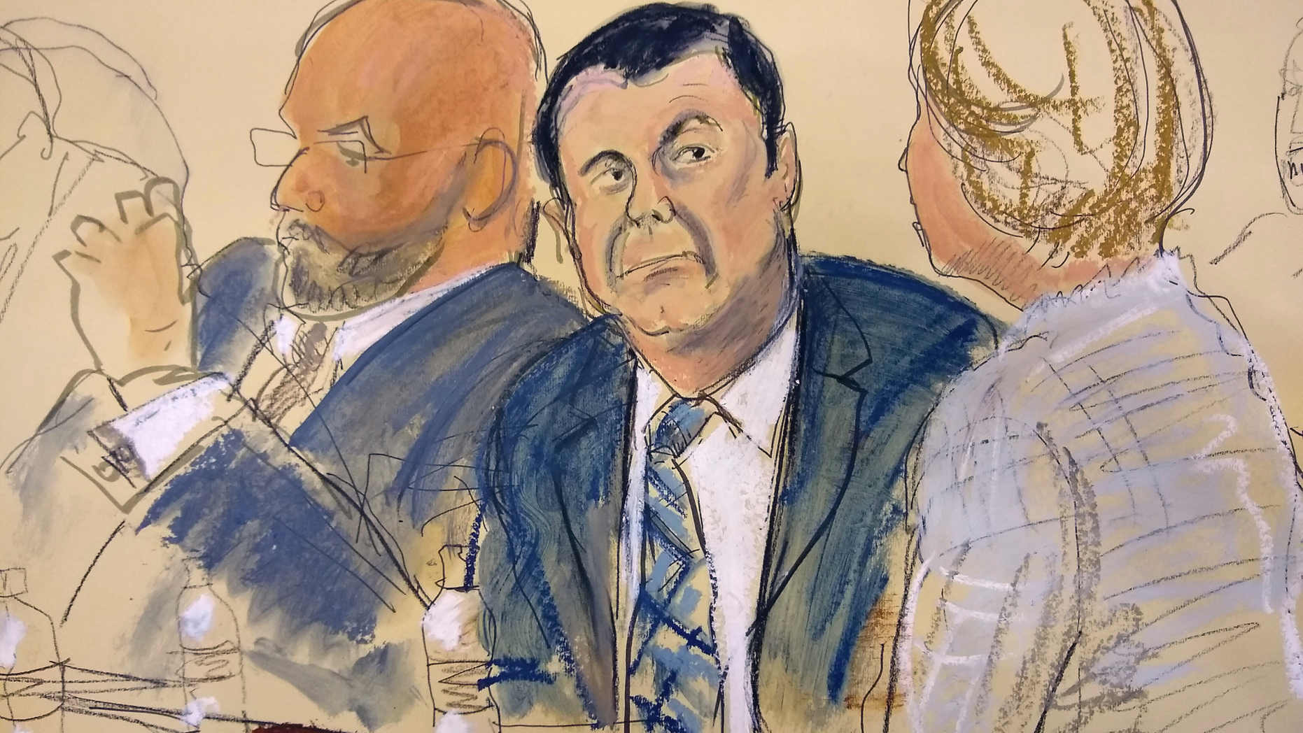 In this courtroom sketch Joaquin "El Chapo" Guzman, center, sits next to his defense attorney Eduardo Balazero, left, for opening statements as Guzman's high-security trial gets underway in the Brooklyn borough of New York, Tuesday, Nov. 13, 2018. Guzman pleaded not guilty to charges that he amassed a multi-billion-dollar fortune smuggling tons of cocaine and other drugs in a vast supply chain that reached New York, New Jersey, Texas and elsewhere north of the border. The infamous Mexican drug lord has been held in solitary confinement since his extradition to the United States early last year. (Elizabeth Williams via AP)