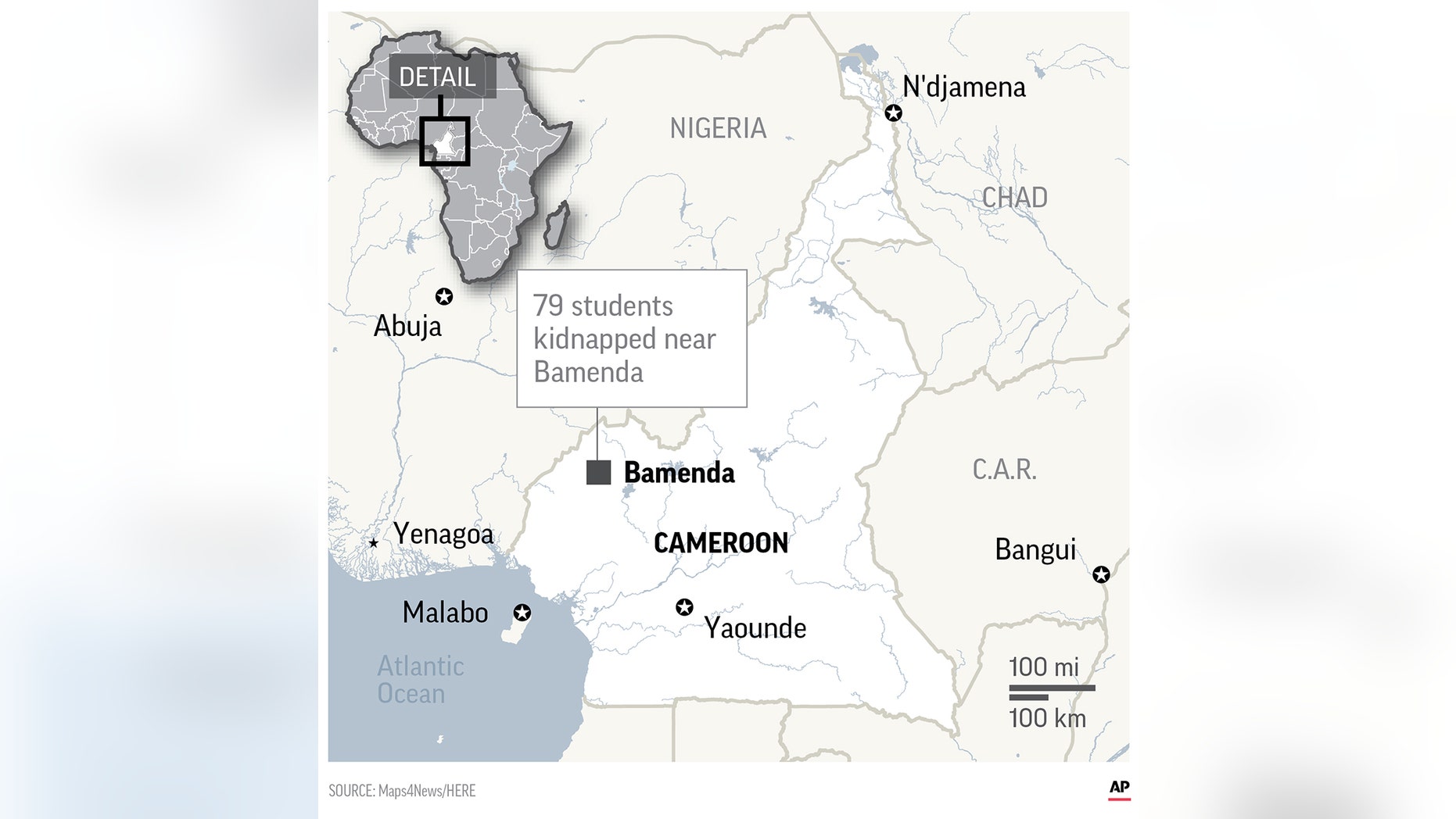 Armed separatists kidnapped at least 79 students and three staff members from a Presbyterian school in a troubled English-speaking region of Cameroon, the governor said Monday.