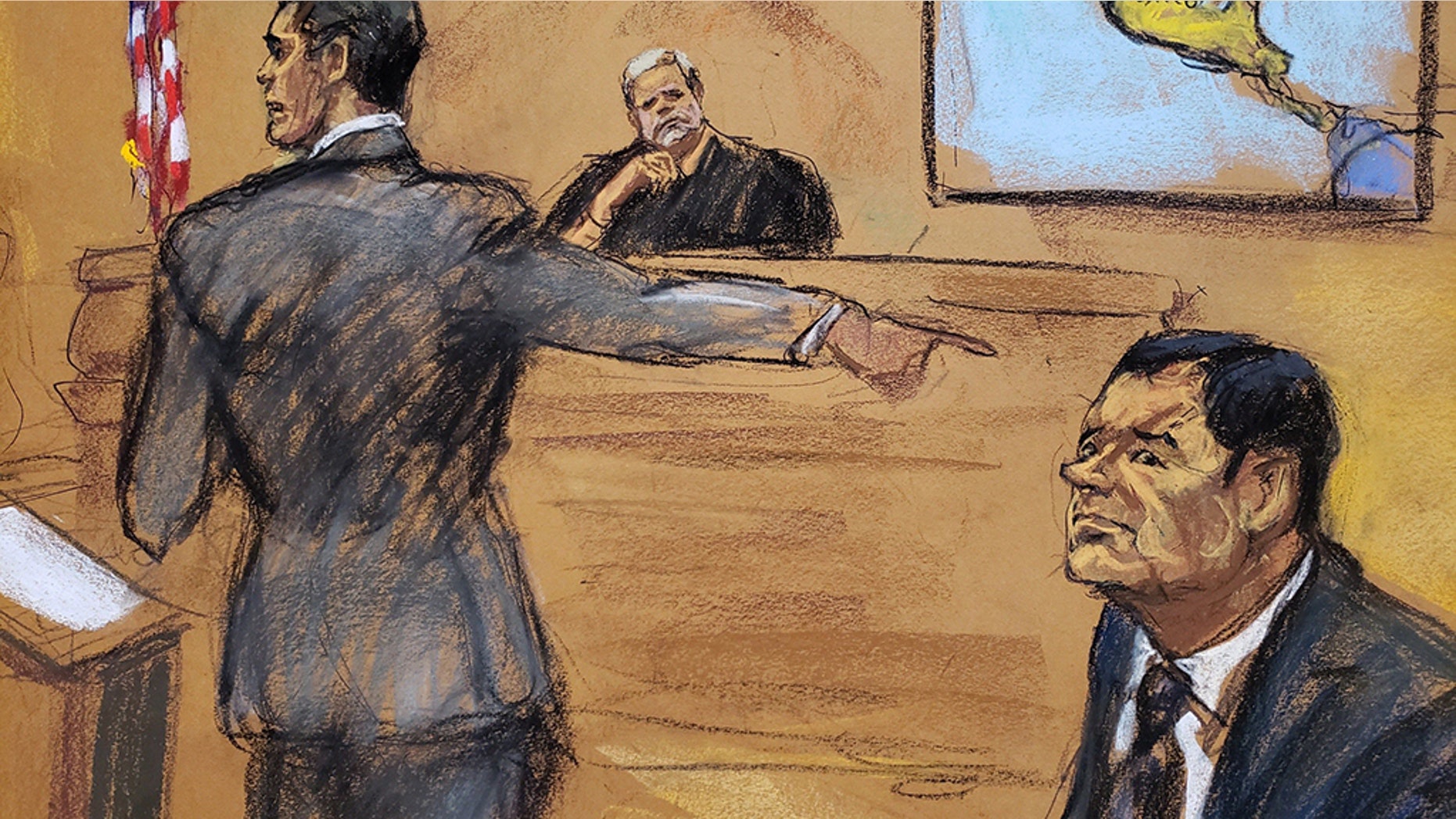 A photographic reproduction of a drawing by Jane Rosenberg that shows Joaquin 'El Chapo' Guzman, right, Assistant Attorney General Adam Fels, left, and Justice Brian Cogan in Brooklyn South District Court earlier this month.