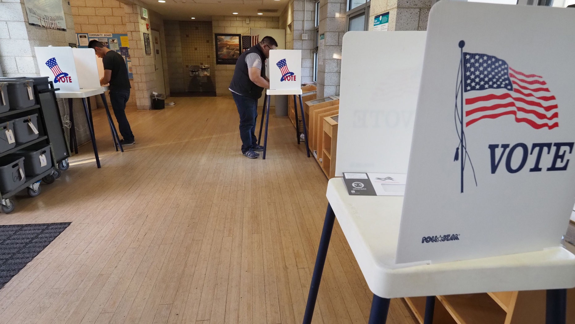 File photo - People complete their ballot during early voting for the mid-term elections at a public library in the Lake View Terrace neighborhood of Los Angeles, California on Nov. 4, 2018.