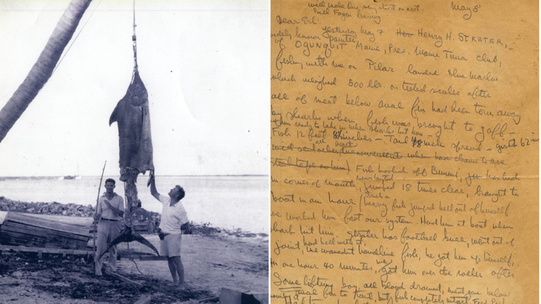 The letter and photo documenting the fishing trip that landed a 500-pound Atlantic Blue Marlin. Hemingway is in the right of the photo (Nate D. Sanders Auctions)