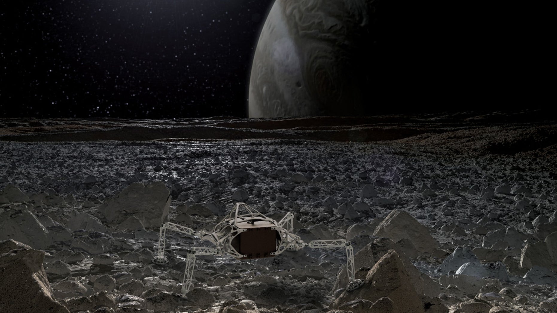 An artist's depiction of an organically inspired lander on Jupiter's moon Europa.
