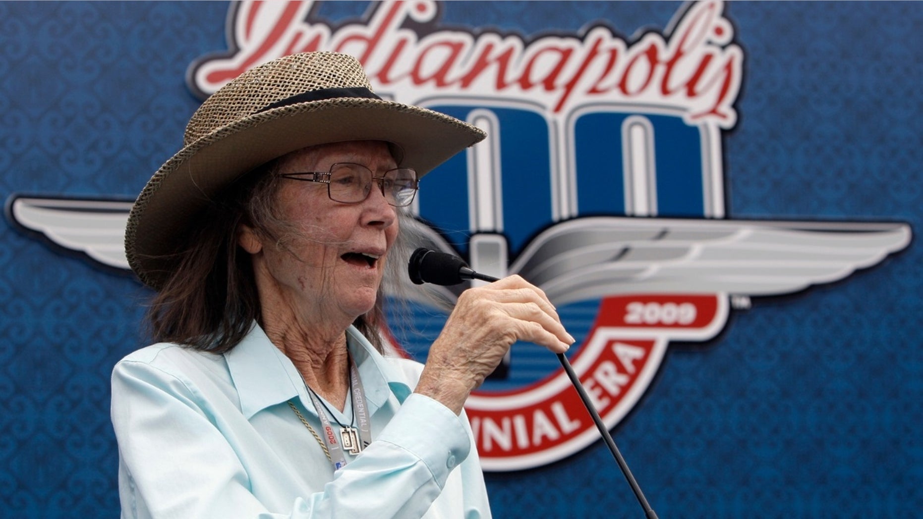 Mari Hulman George, chairman of the board of the Indianapolis Motor Speedway, gives the command to start engines at the start the 93rd running of the Indianapolis 500 auto race at the Indianapolis Motor Speedway in Indianapolis.