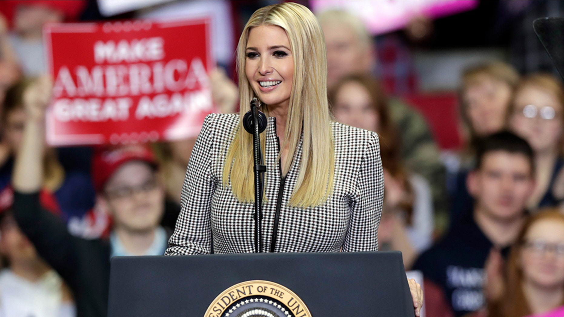 FILE -- Ivanka Trump speaks at a campaign rally featuring President Donald Trump at the Allen County War Memorial Coliseum in Fort Wayne, Ind., Monday, Nov. 5, 2018. (AP Photo/Michael Conroy)