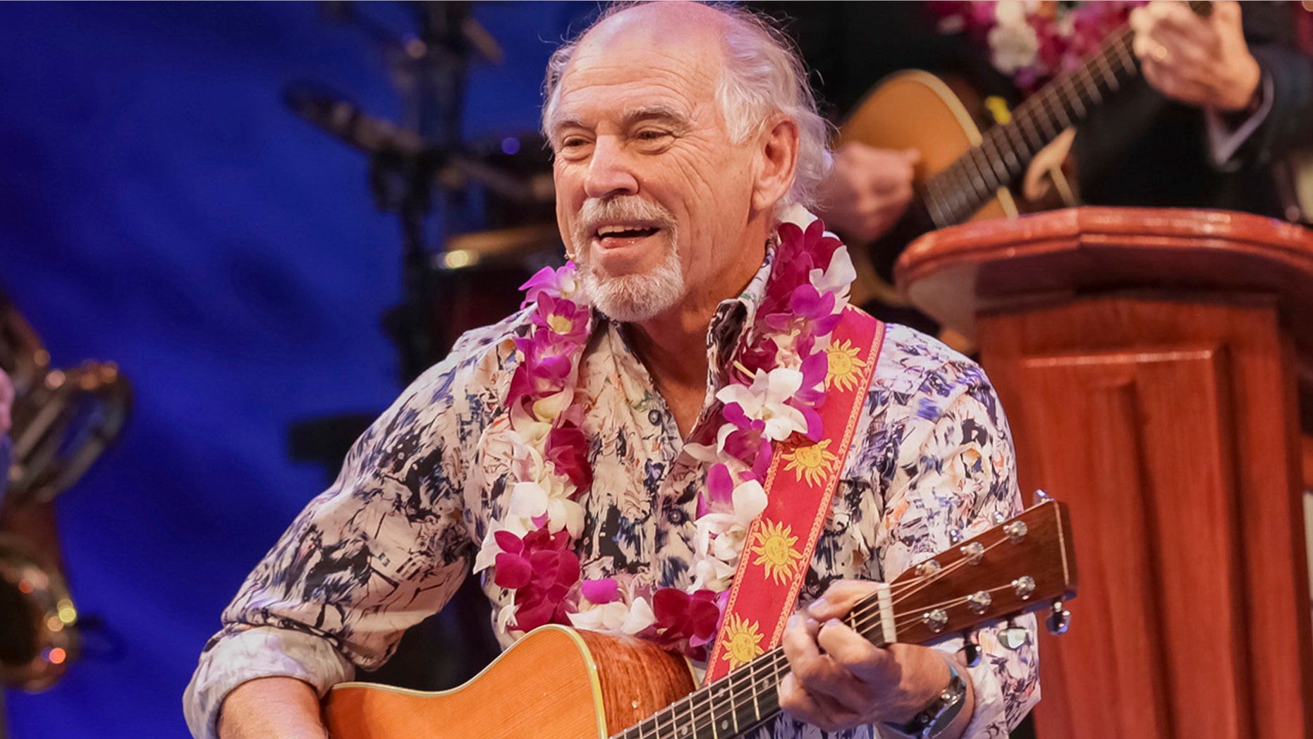 Jimmy Buffett performs on Broadway during opening night of "Escape to Margaritaville" at the Marquis Theatre in New York City, March 15, 2018. (Associated Press)