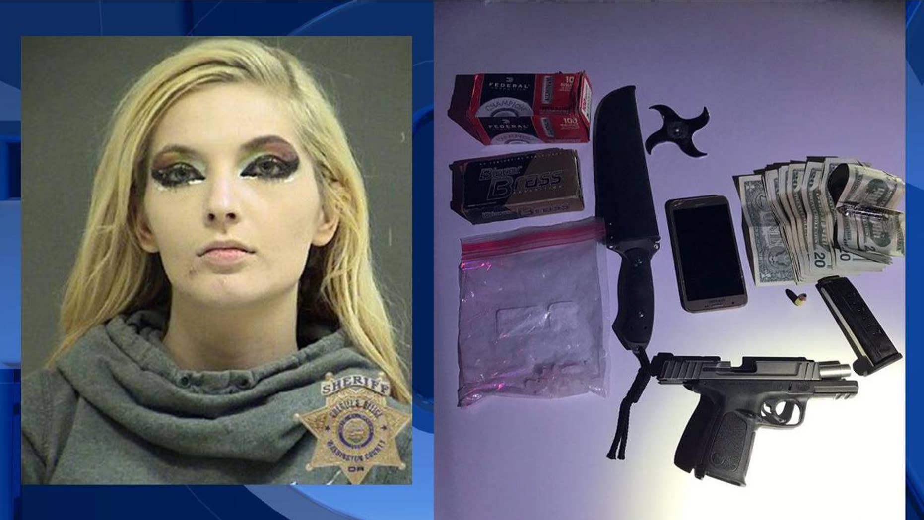 Katheline Test, 22, was busted with having meth, a handgun, and other restricted weapons in Aloha, Oregon.