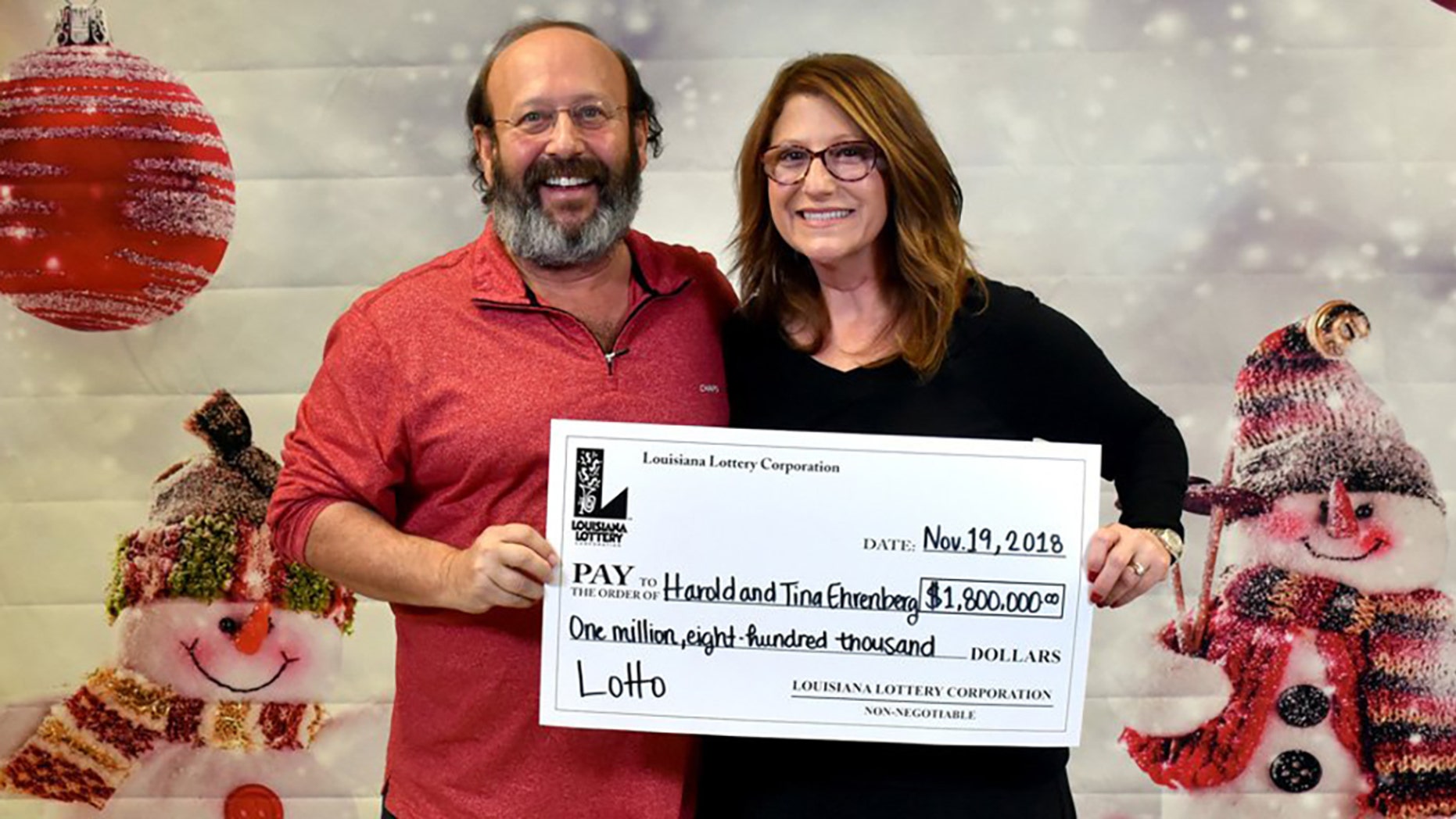 Harold and Tina Ehrenberg were cleaning up their home this week before the holidays when they found a $ 1.8 million prize-winning lottery ticket, officials at the Louisiana Lottery said. .