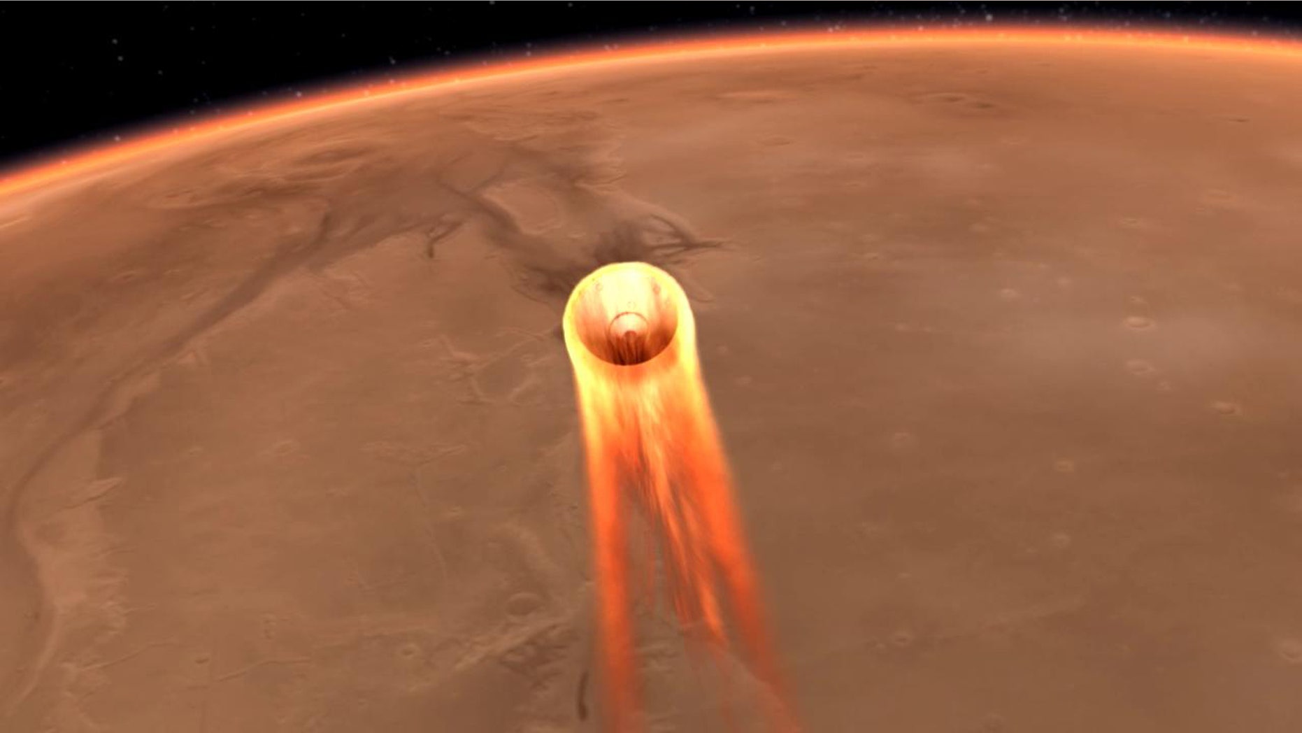 An artist's impression of NASA InSight's entry, descent and landing at Mars, scheduled for Nov. 26, 2018. Image (Credit: NASA/JPL-Caltech)