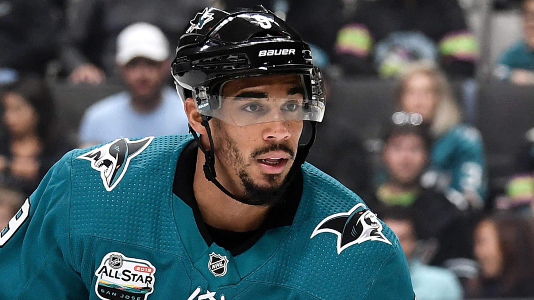 Evander Kane #9 of the San Jose Sharks looks down the ice against the New York Islanders at SAP Center on October 20, 2018 in San Jose, California.