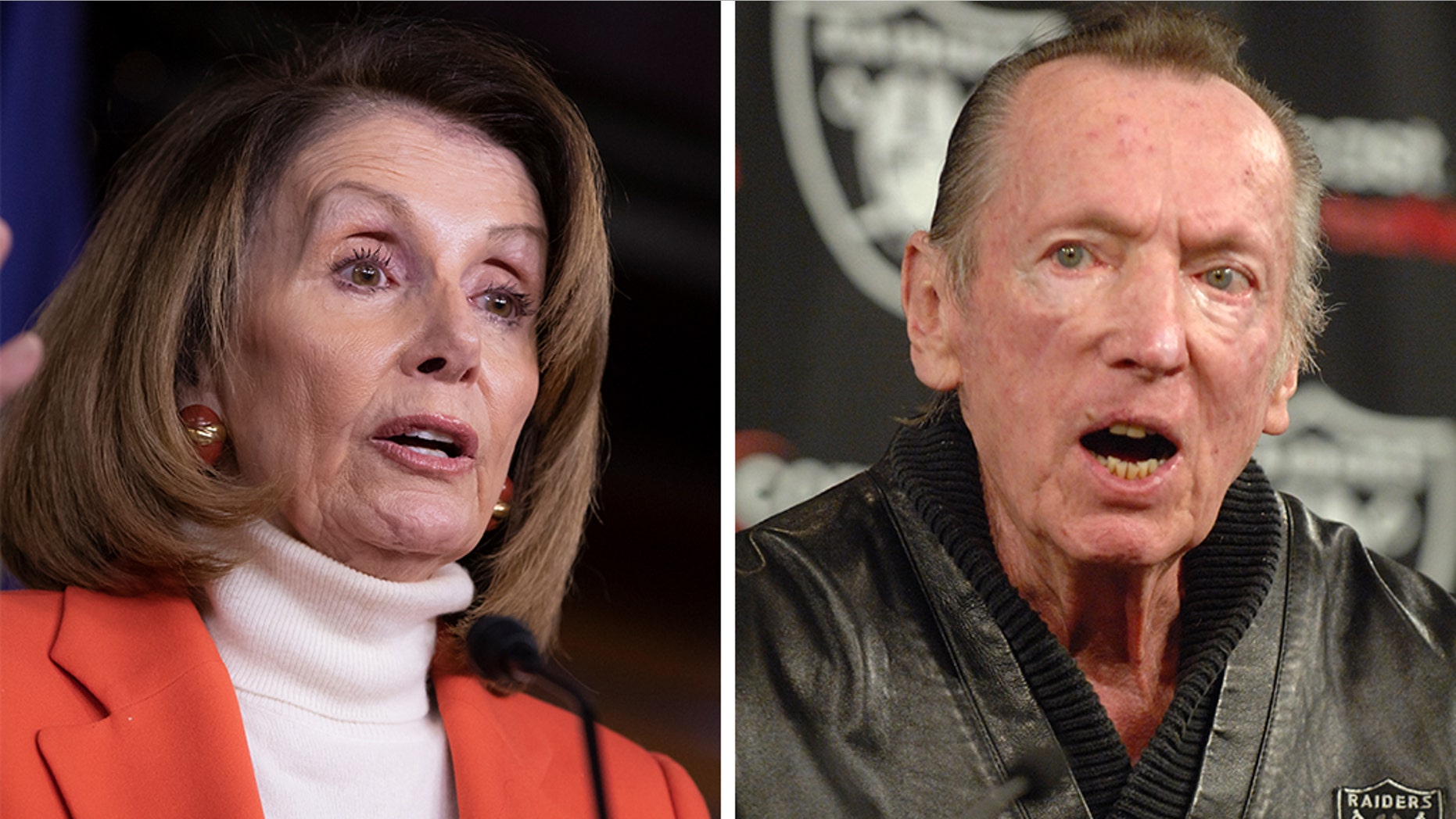 House Democratic leader Nancy Pelosi and Al Davis, the longtime owner of the Oakland/Los Angeles Raiders.