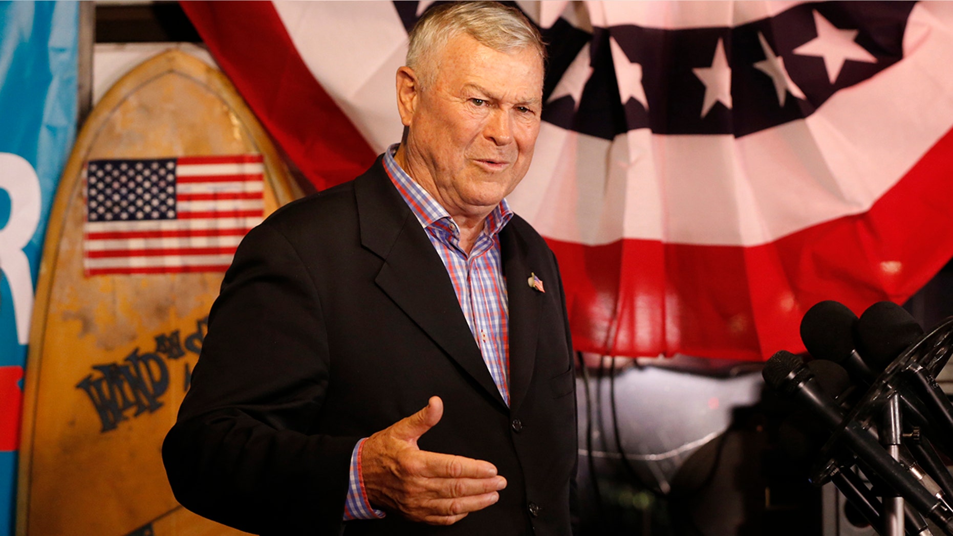 U.S. Rep. Dana Rohrabacher, R-Costa Mesa, addresses members of the media and supporters waiting for election results at the Skosh Monahan's Irish Pub in Costa Mesa, Calif., Tuesday, Nov. 6, 2018. (Associated Press)