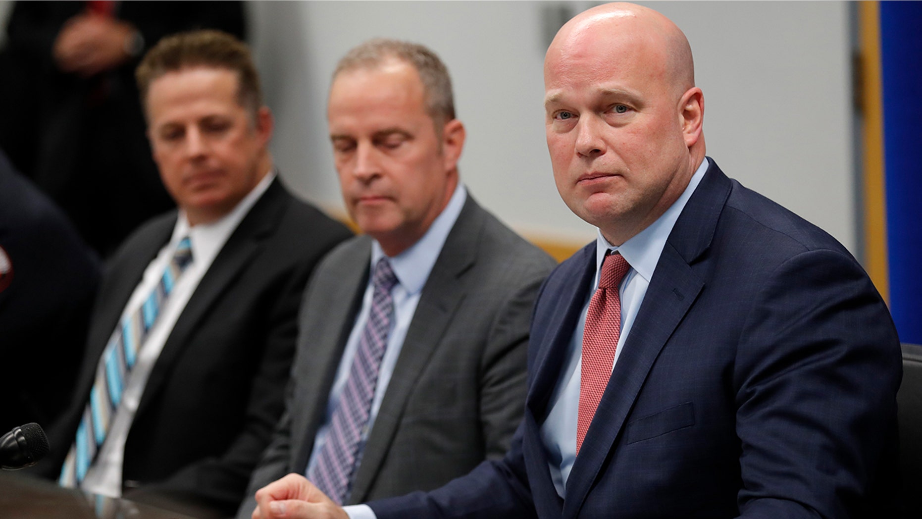 Acting Attorney General Matthew Whitaker, right, speaks to state and local law enforcement officials at the U.S. Attorney's Office for the Southern District of Iowa, Wednesday, Nov. 14, 2018, in Des Moines, Iowa.
