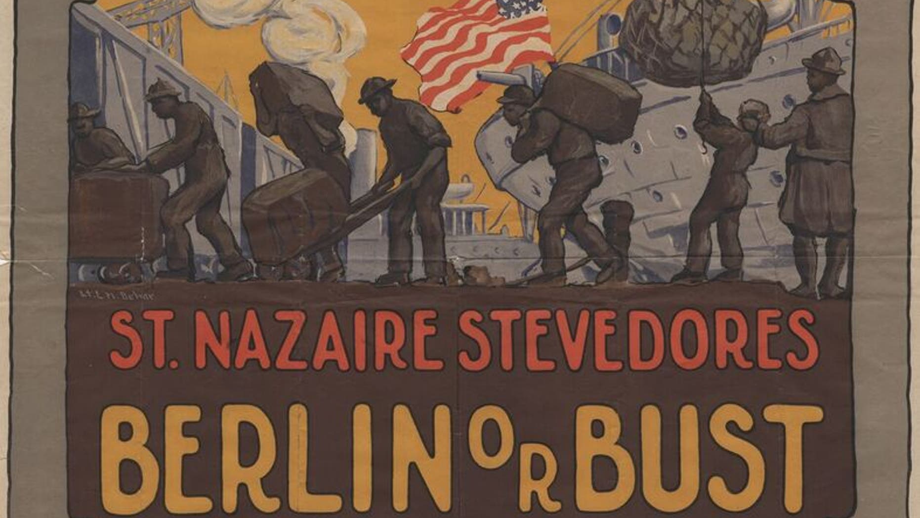 A poster depicting African-American soldiers in an Army stevedore company working on the docks of the French port of St. Nazaire.