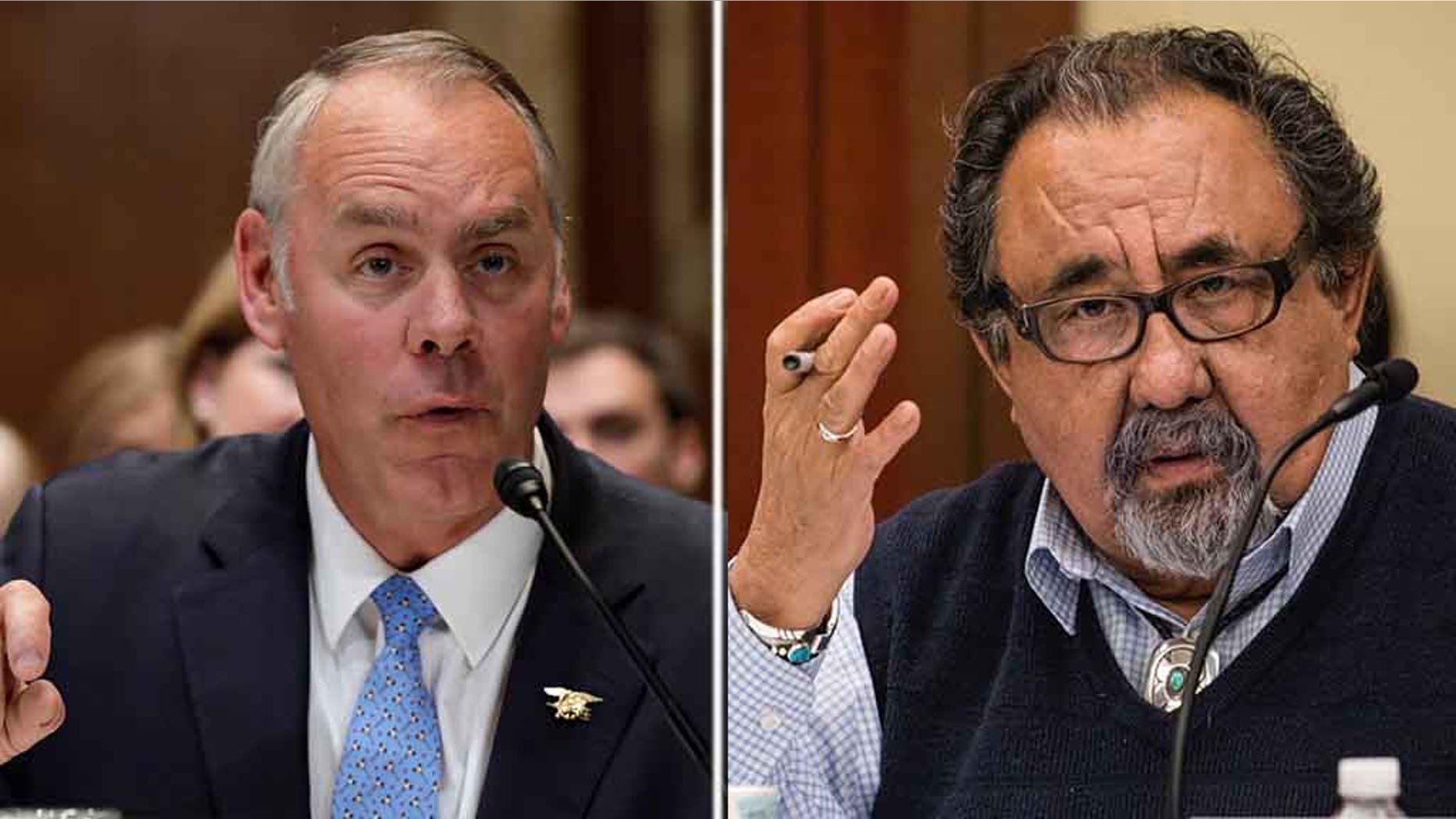 Interior Secretary Ryan Zinke (left) ripped into Arizona Democratic Rep. Raúl Grijalva (right) on Friday and accused him of past “drunken and hostile behavior” after the lawmaker called for the Cabinet member’s resignation earlier in the day. (REUTERS/AP)