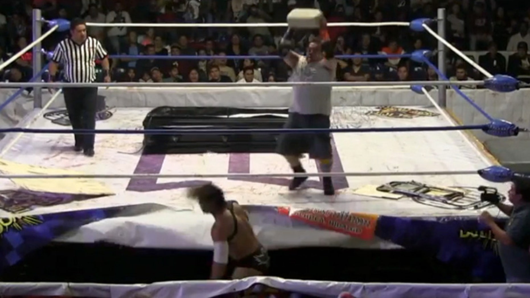 Professional wrestler Cuervo (The Raven) was hit by a brick in a recent match.