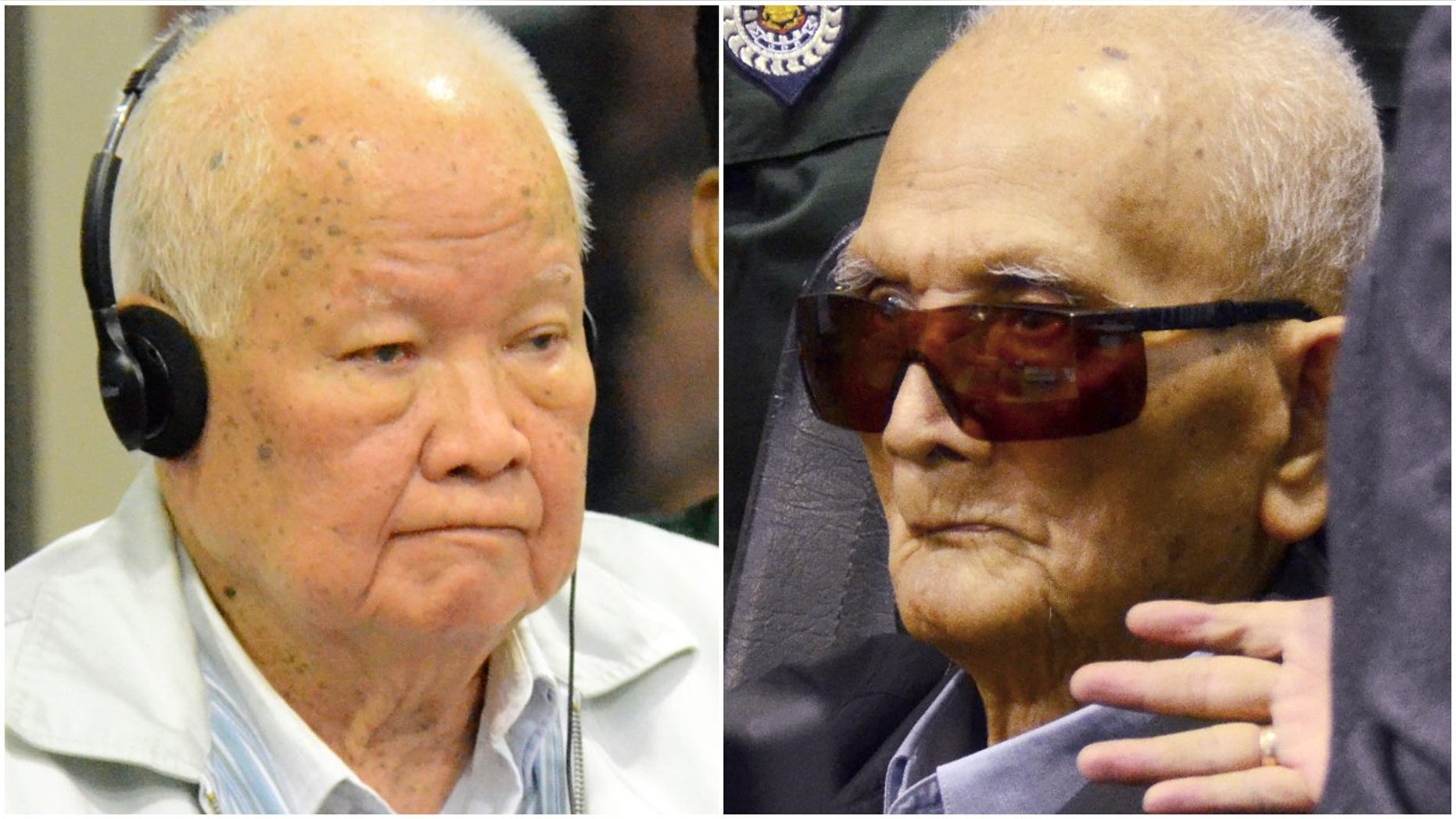 Khieu Samphan, left, former Khmer Rouge head of state, and Nuon Chea, who was the Khmer Rouge's chief ideologist and No. 2 leader, were convicted of crimes against humanity Friday by an international tribunal. (Associated Press)