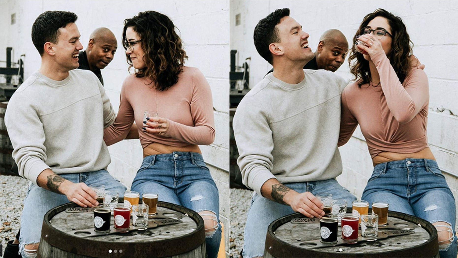 Thomas Saunders and Emily Eldridge's engagement shoot was photobombed by comedian Dave Chappelle.