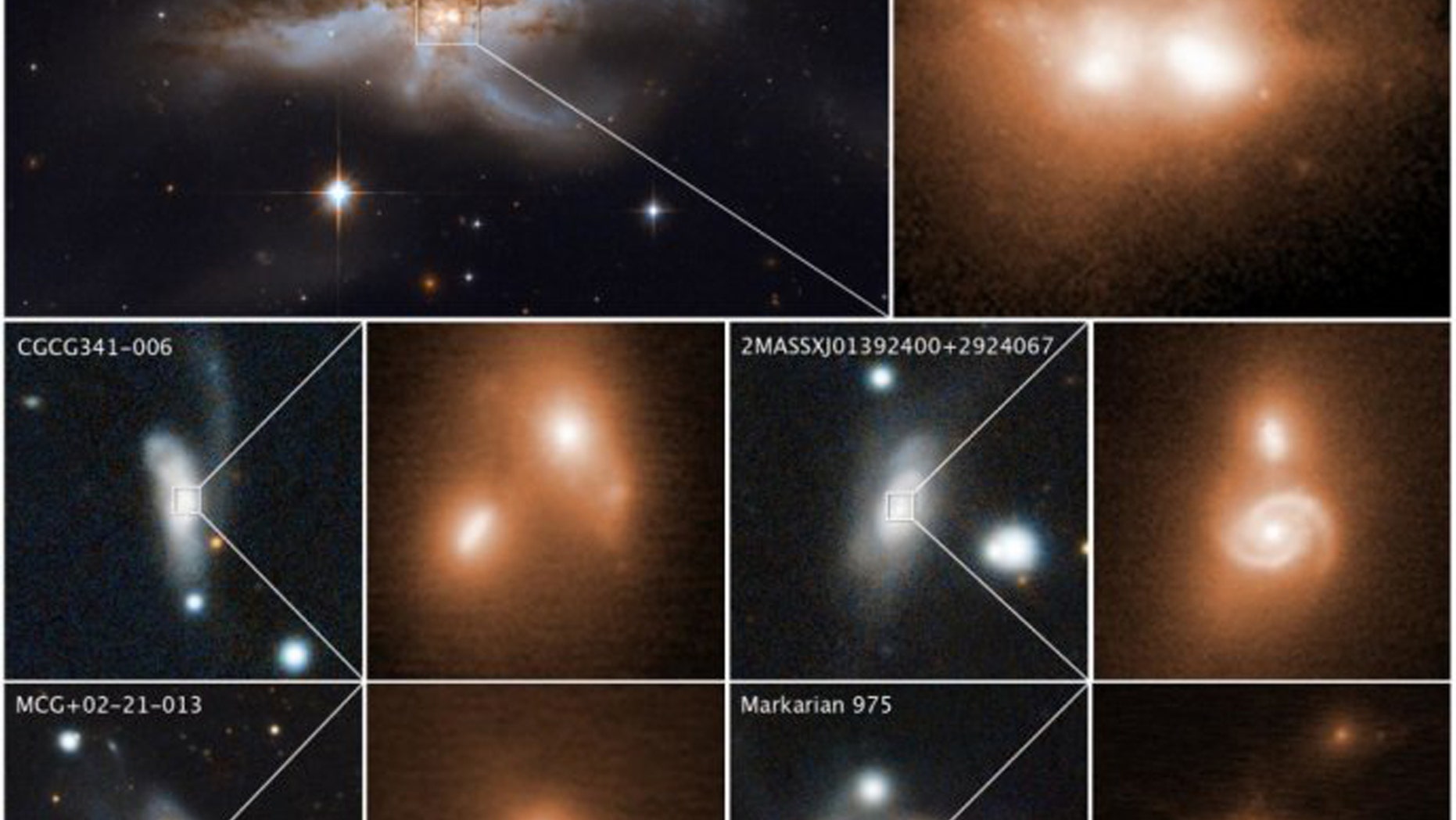 These images reveal the final stage of the union of pairs of galactic nuclei in confused bricks of colliding galaxies. Credit: Nas