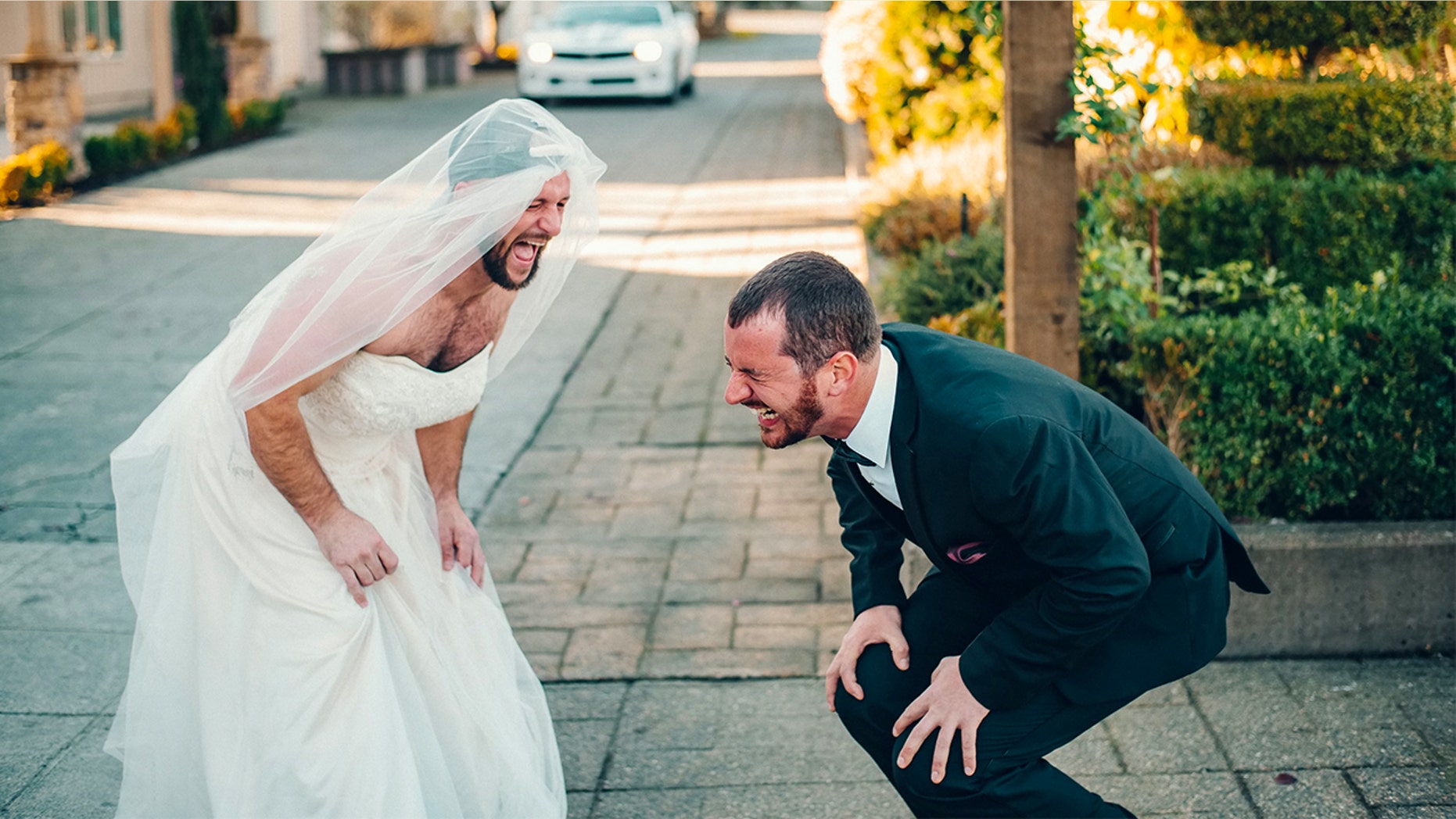A best man surprised the groom by trading places with the bride for the “first look” photo.
