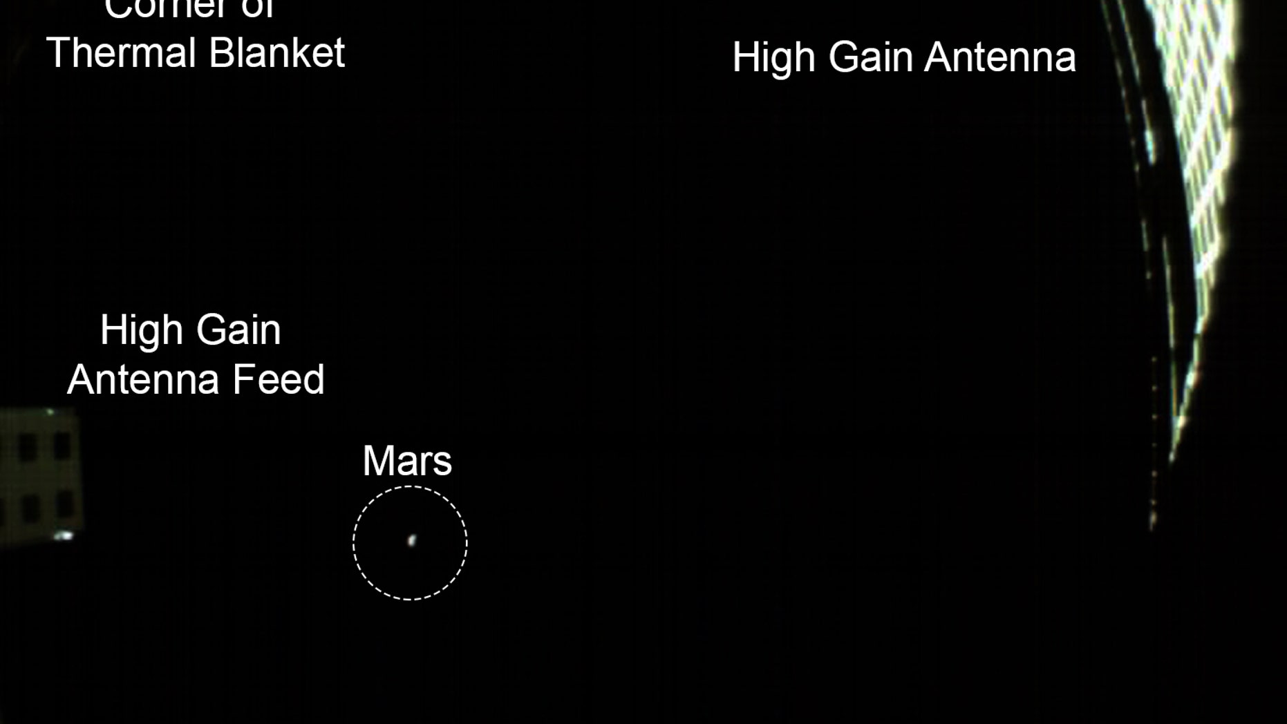 NASA's small MarCO-B cubesat took this photo of Mars from a distance of 310,000 miles on Nov. 24, 2018 ahead of the Nov. 26 landing of the InSight spacecraft. This annotated view shows the spacecraft parts visible.