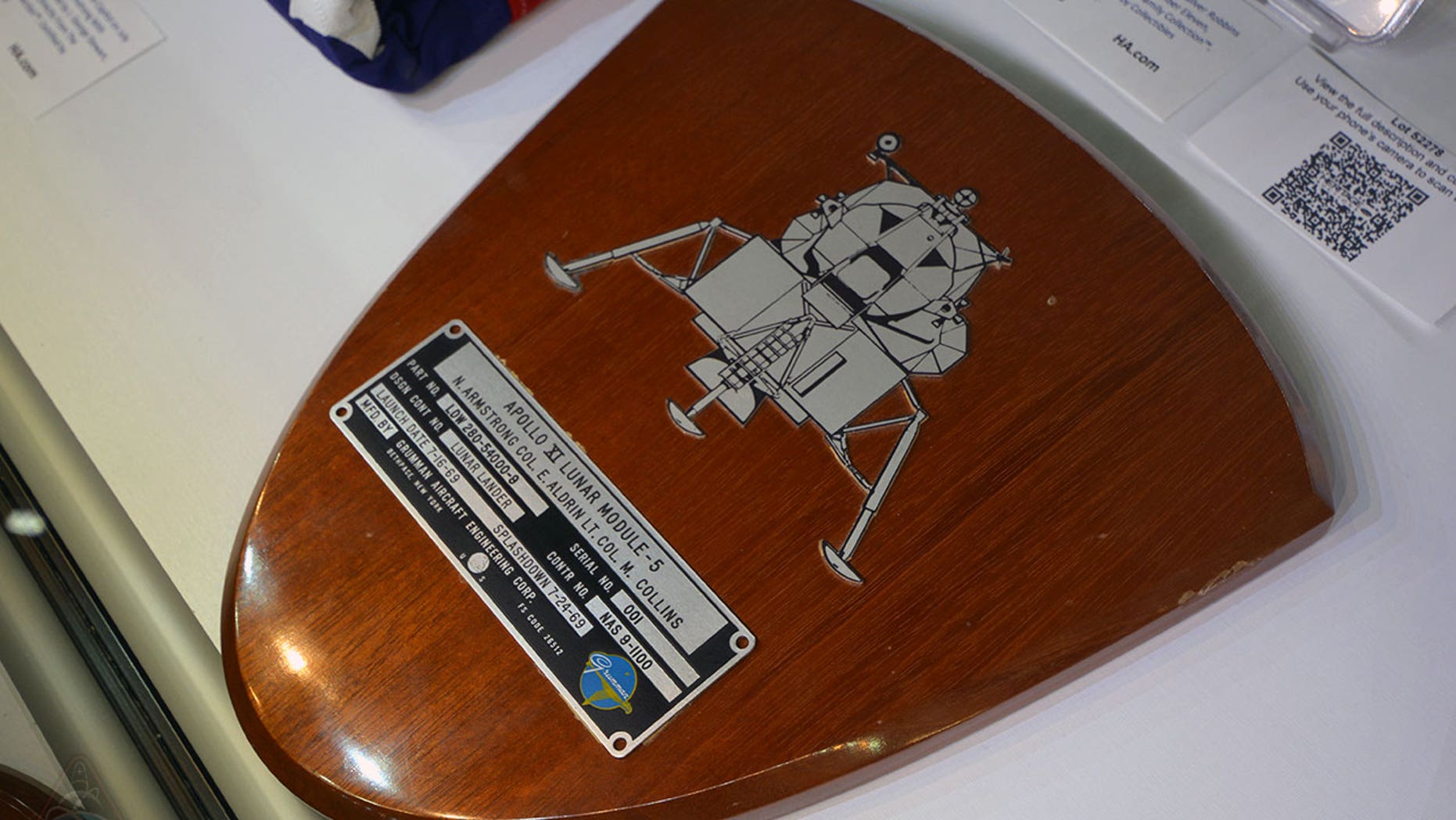 A spacecraft ID plate from the Apollo lunar module "Eagle" led the sale of the Armstrong Family Auction with a sale price of $468,500 at Heritage Auctions in Dallas on Nov. 1, 2018.