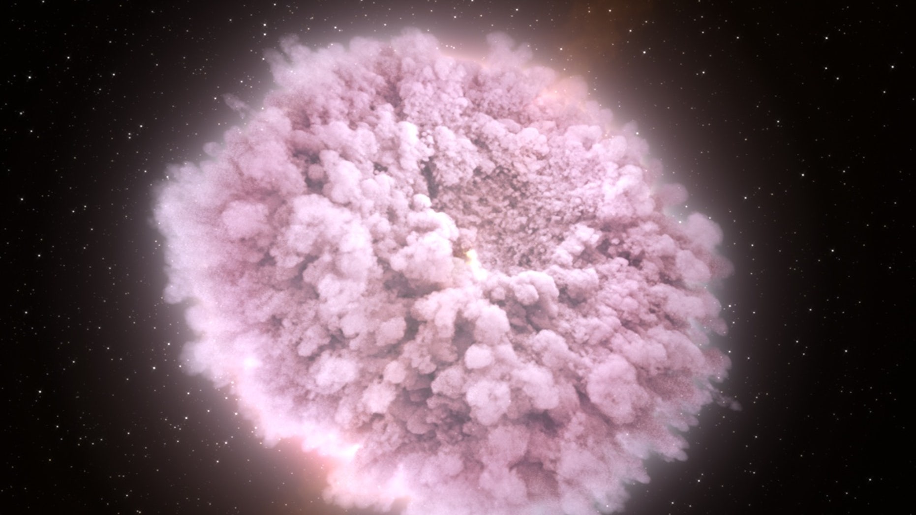 In this illustration, a hot, dense, expanding cloud of waste gets nude from proton stars only before they collide.