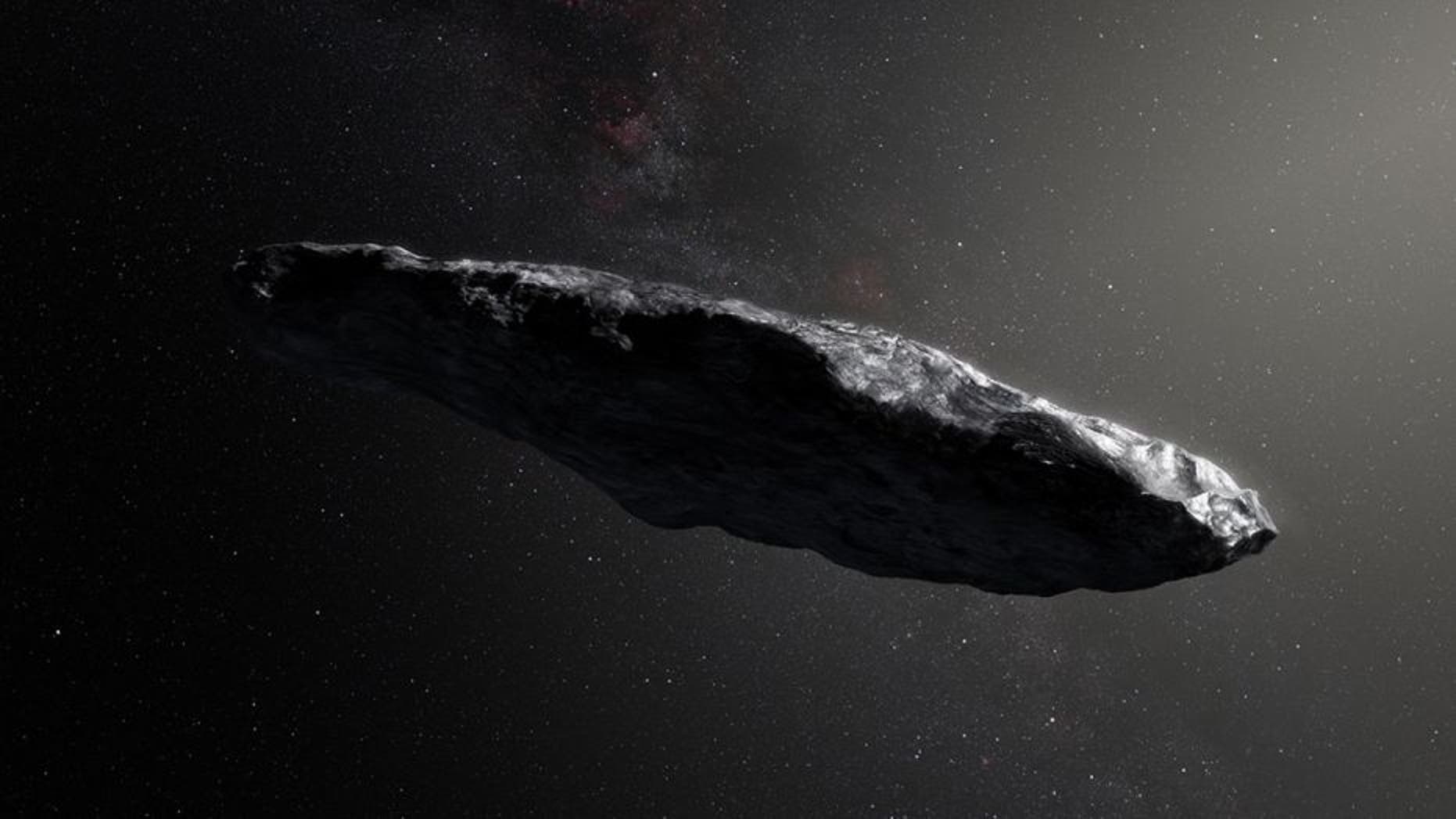 Artistic representation of Oumuamua, first interstellar object detected. (Mr Kornmesser / ESO)