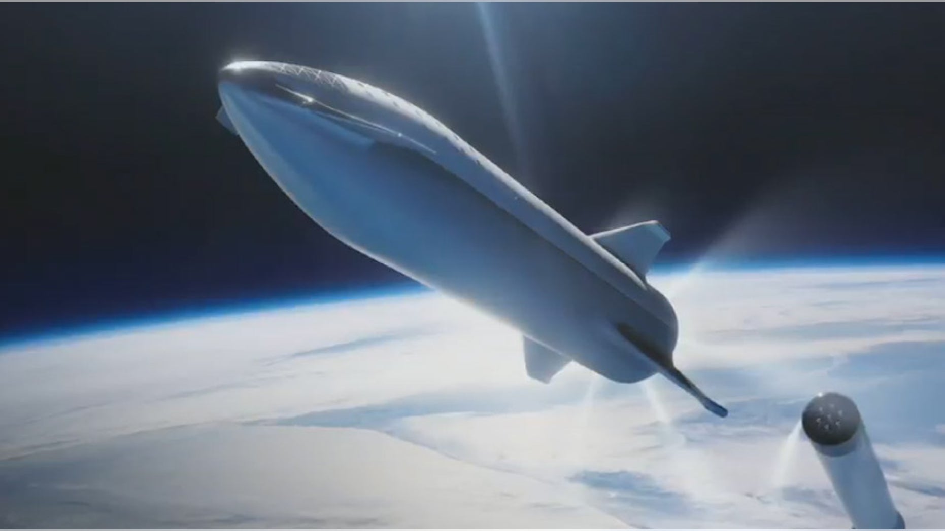 An artist's illustration of SpaceX’s Starship spacecraft separating from its Super Heavy rocket. These vehicles were previously known as the BFS (Big Falcon Spaceship) and BFR (Big Falcon Rocket), respectively.