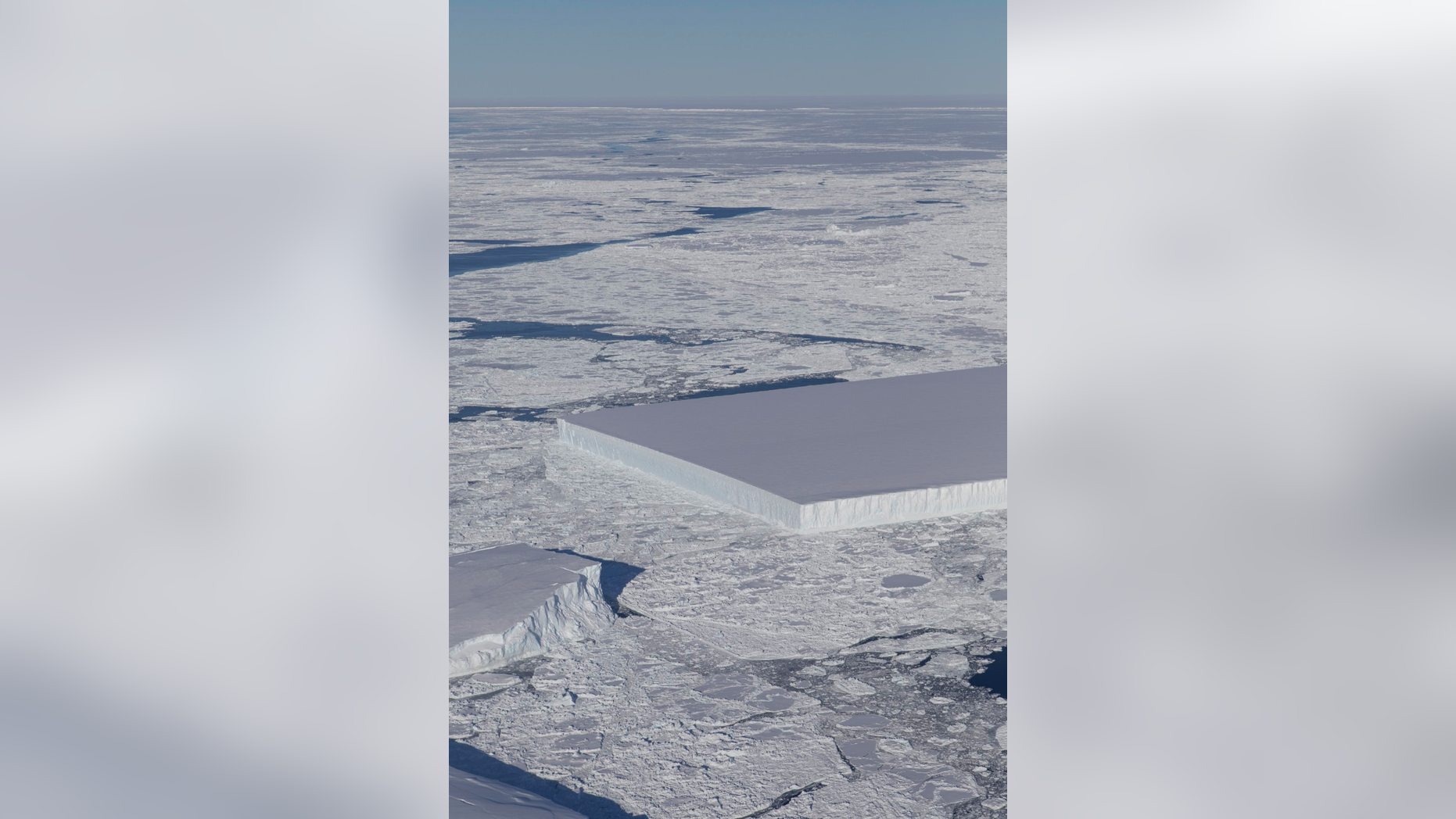 NASA's IceBridge project captured this view of a strange rectangular-shaped iceberg in Antarctica in October 2018.