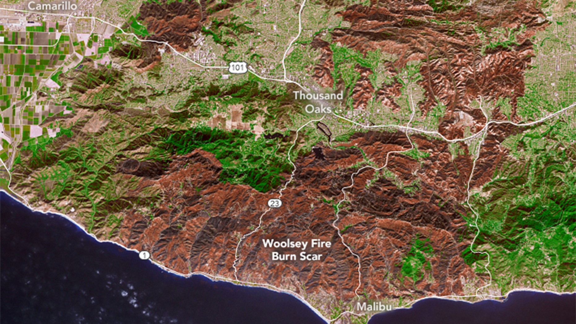 NASA has released this image showing the extent of the devastation left by the Woolsey Fire in Southern California.
