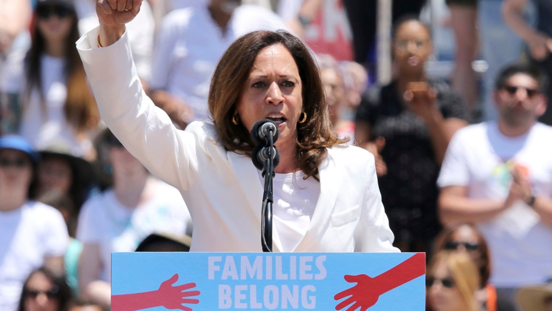 U.S. Sen. Kamala Harris, D-Calif., speaks at the "Families Belong Together: Freedom for Immigrants" March in Los Angeles.