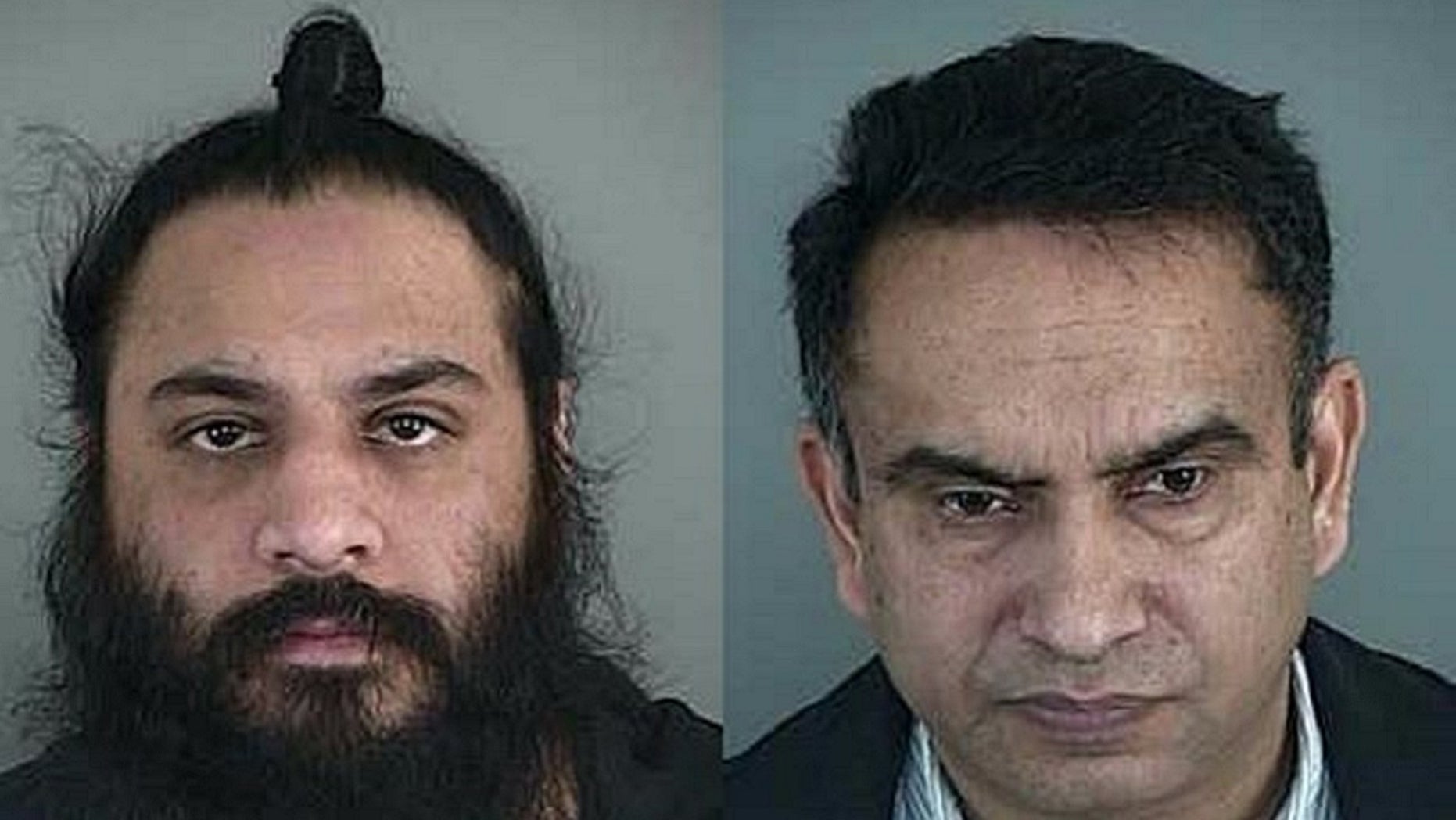 Inder Singh, left, and Satinder Singh were arrested and charged with arson for intentionally setting their own Super 8 Motel on fire, authorities say.