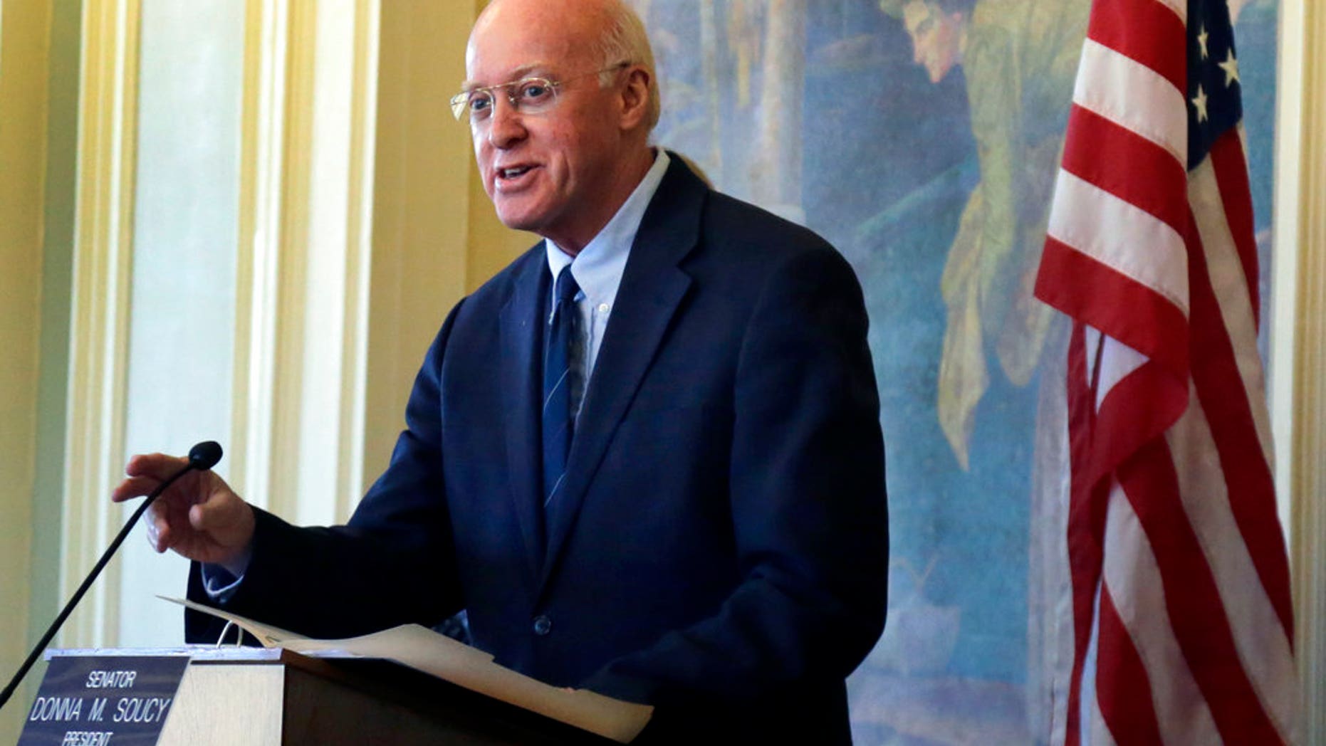 New Hampshire Secretary of State William M. Gardner speaks in the Senate Chamber at the Statehouse, Wednesday, Dec. 5, 2018, in Concord, N.H. In New Hampshire's secretary of state race that could affect the state's first-in-the-nation presidential primary standing, lawmakers decide whether to go with longtime veteran Gardner or a challenger younger than the 42 years he's served. (AP Photo/Elise Amendola)
