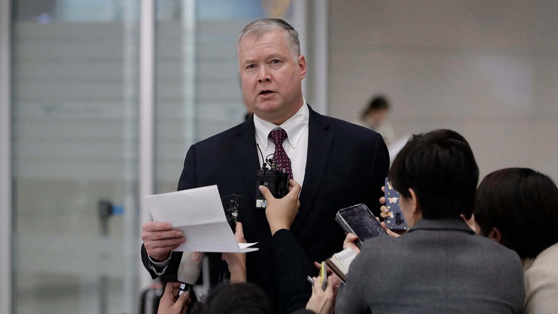 U.S. Special Representative for North Korea Stephen Biegun speaks to the media upon his arrival at Incheon International Airport in Incheon, South Korea, Wednesday, Dec. 19, 2018. (Associated Press)