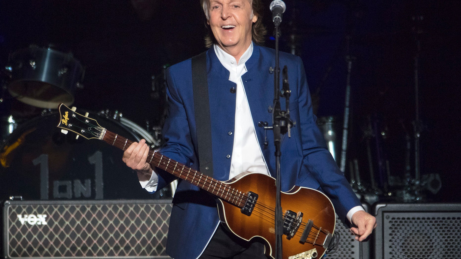 FILE - In this Monday, July 10, 2017 file photo, Sir Paul McCartney performs at Amalie Arena in Tampa, Fla. Most hosts would be quite happy to have Paul McCartney come to a shindig. Paul McCartney’s Christmas message to his fans around the world: Don’t be like me and eat and drink too much. The 76-year-old former Beatle tweeted his lighthearted holiday wishes Tuesday, Dec. 25, 2018 illustrated with photos from his younger days.