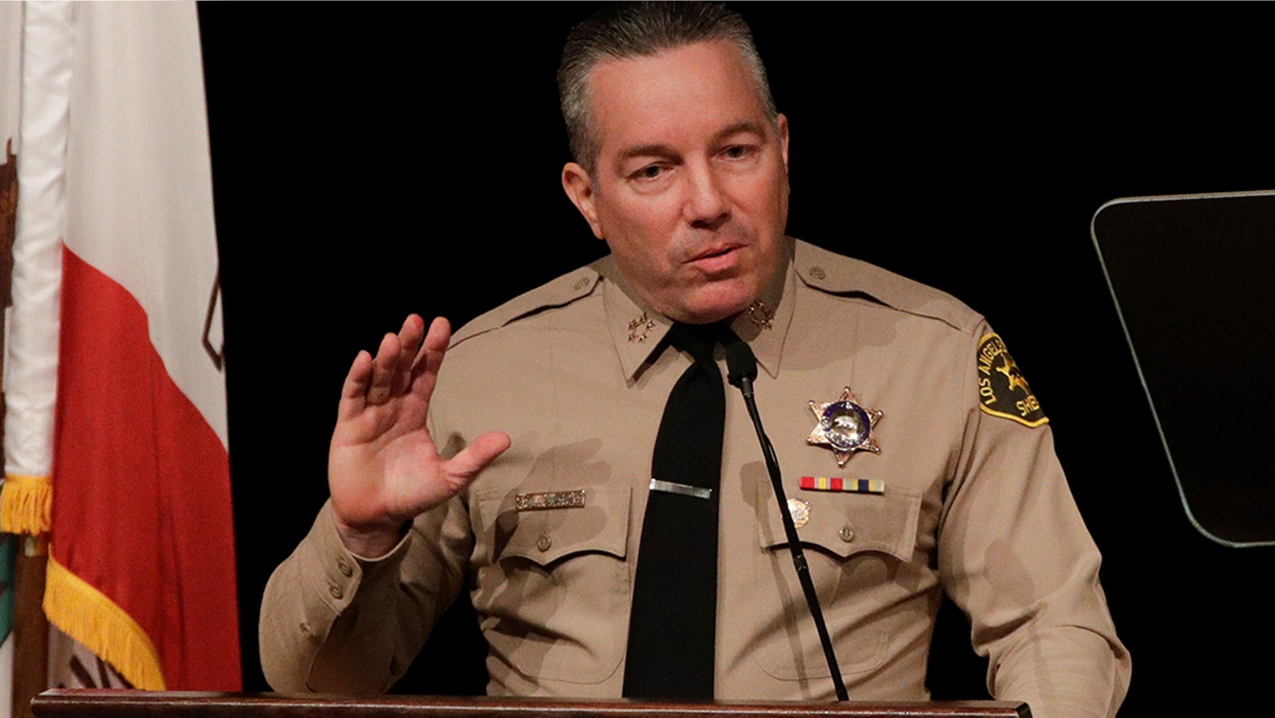 Newly elected Los Angeles County Sheriff Alex Villanueva during a swearing-in ceremony Monday, Dec. 3, in Monterey Park. (AP Photo/Jae C. Hong)