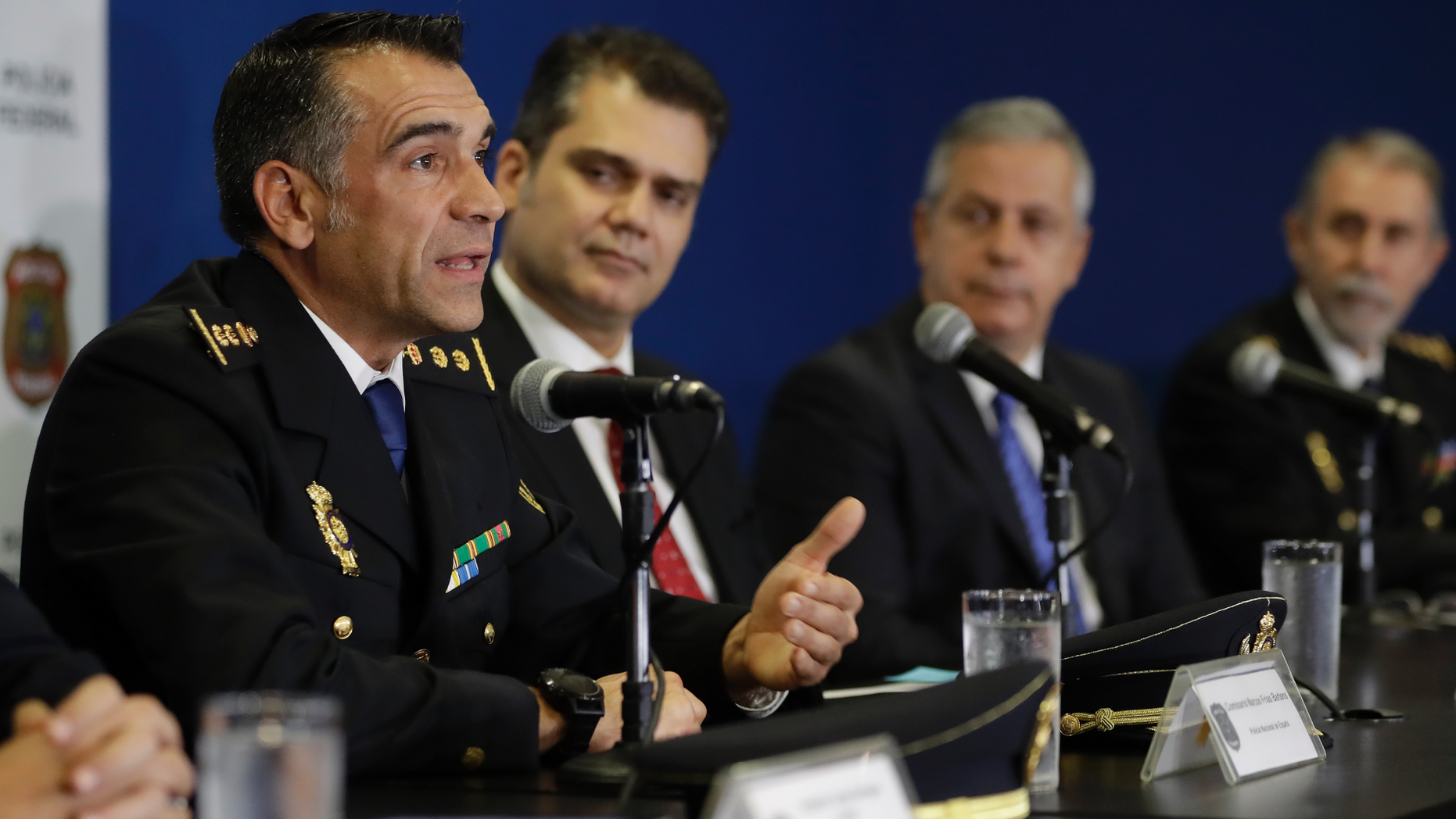 Spanish Police Commissioner Marcos Frias Barbens speaks during a news conference regarding the arrest of Carlos Garcia Julia, at Federal Police headquarters in Sao Paulo, Brazil, Friday, Dec. 7, 2018. Garcia Julia, convicted for the 1977 killing of five people in a Madrid trade union office, was arrested Thursday as he was walked down a street in a Sao Paulo middle-class neighborhood. (AP Photo/Andre Penner)