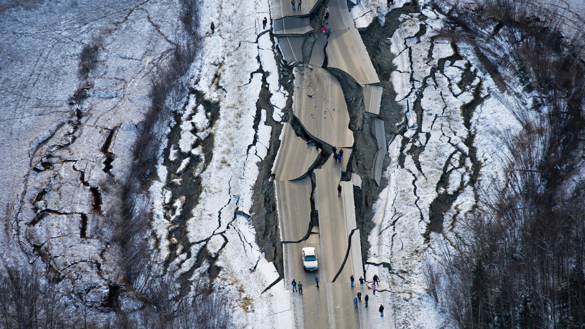 This aerial checklist shows damage on Vine Boulevard, south of Wasilla, Alaska, after earthquakes Friday, Nov. 30, 2018. Support-to-abet earthquakes measuring 7.zero and 5.7 shattered highways and rocked structures Friday in Anchorage and the surrounding dwelling, sending folk working into the streets and rapidly triggering a tsunami warning for islands and coastal areas south of the city. (Marc Lester/Anchorage Day after day Info by capability of AP)