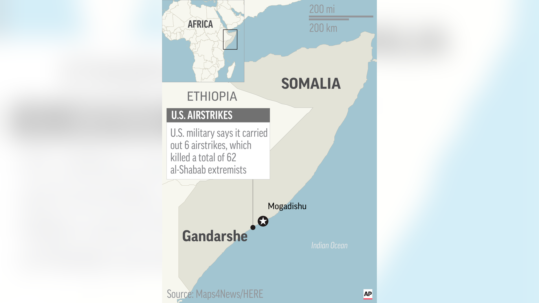 Map locates Gandarshe, Somalia, where U.S. airstrikes killed al-Shabab extremists; 2c x 4 1/2 inches; 96.3 mm x 114 mm;